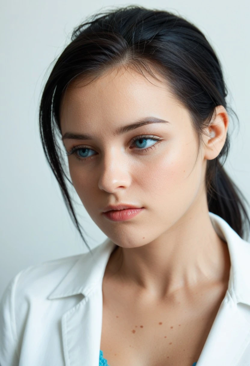 score_9, score_8, score_7, score_6, highres, high-quality, 8k, 4k, raw, Lucy Ria Christensen face, Lucy Ria Christensen chin, Lucy Ria Christensen forehead, ponytail hair, blue iris, blue eyes, black hair, looking left portrait, looking away, professional photography