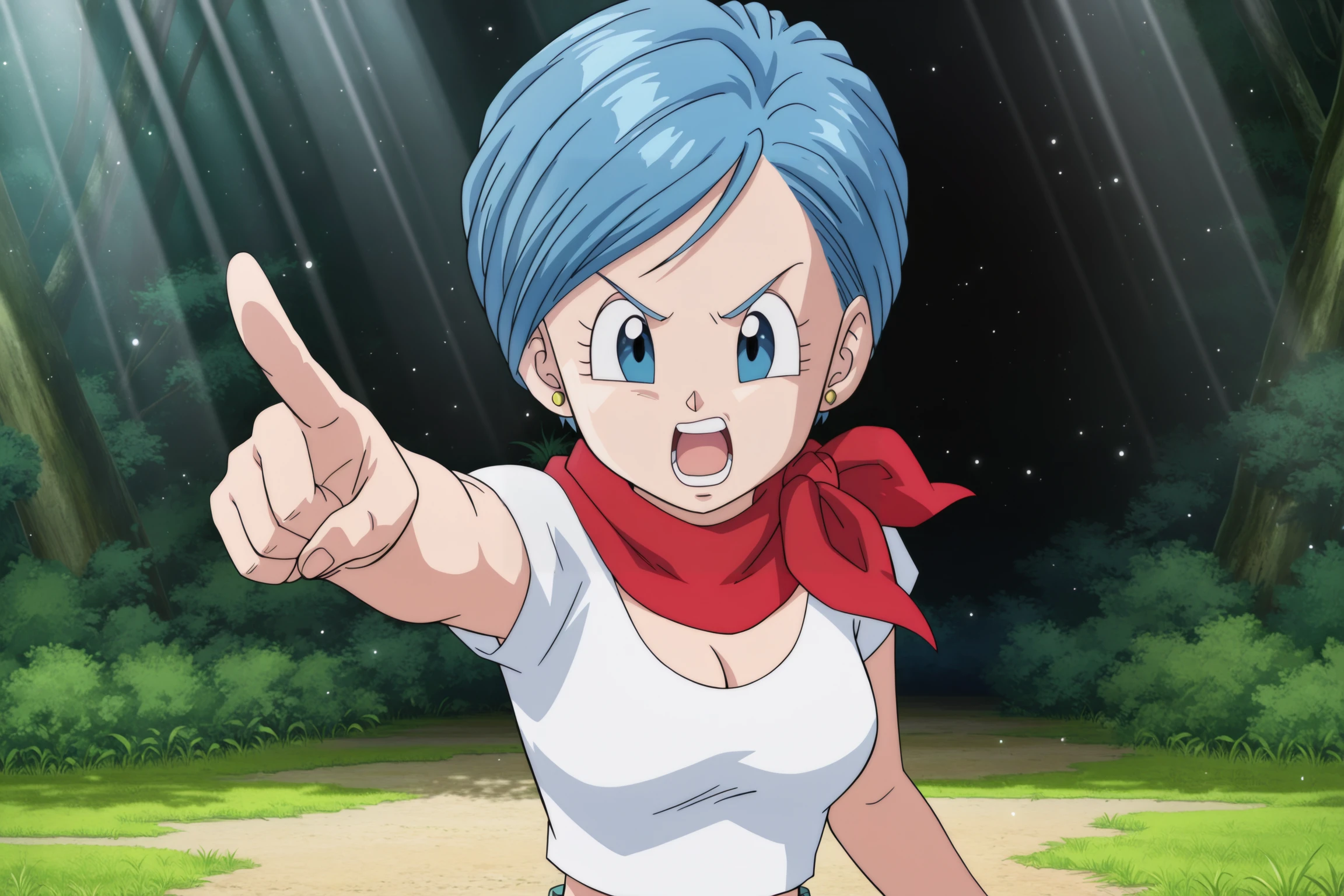 anime screencap, masterpiece, best quality, amazing quality, very aesthetic, absurdres, newest, (scenery, volumetric lighting), dappled sunlight, light particles, light rays, official style,
bulma, super, shirt and jeans outfit, official style, anime screencap, 1girl, solo, breasts, very short hair, open mouth, blue eyes, cleavage, alien planet, medium breasts, blue hair, white crop top, upper body, stud earrings, red neckerchief, teeth, grass, pointing, outstretched arm, v-shaped eyebrows
<lora:Bulma__ãã«ã_-_Dragon_Ball_Super__Daima:0.8>