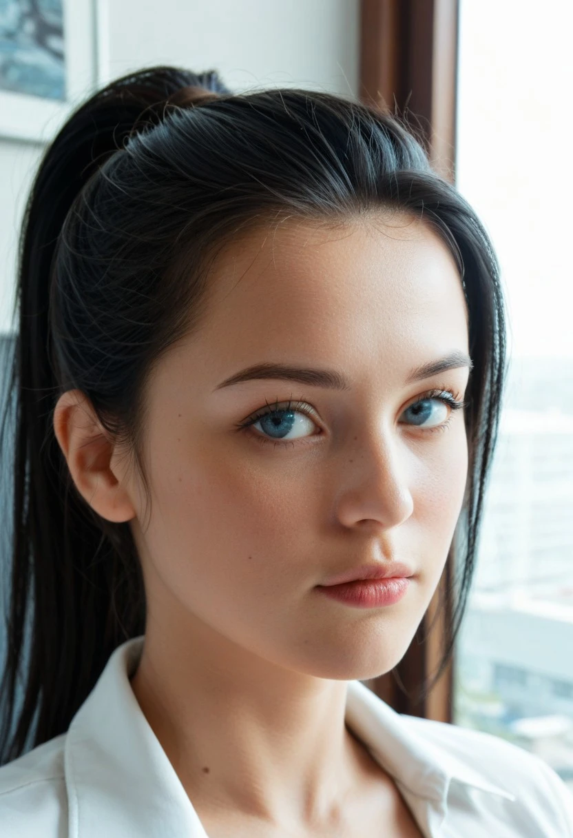 score_9, score_8, score_7, score_6, highres, high-quality, 8k, 4k, raw, Lucy Ria Christensen face, Lucy Ria Christensen chin, Lucy Ria Christensen forehead, ponytail hair, blue iris, blue eyes, black hair, looking left portrait, looking away, professional photography