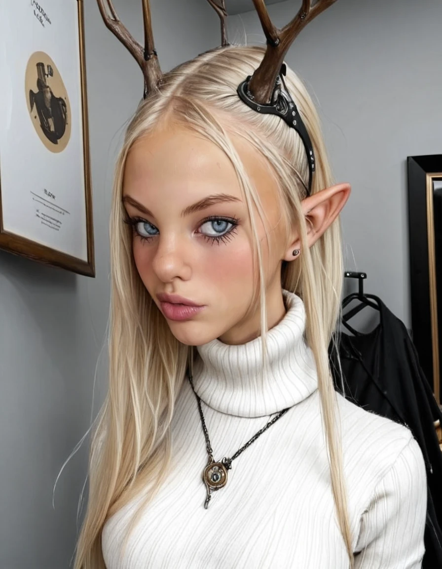 realistic sharp photo of a 25yo woman, blond hair, evil cyberpunk robot elf, beautiful science fiction futurist elven surroundings, deer woods, elven art, elven jewlery, stuning effects, mist, flowers, <lora:lannie:1>, white sweater, look at viewer, hot lips, blue eyes, dark magic, wires, gothic, steampunk, cyberpunk,