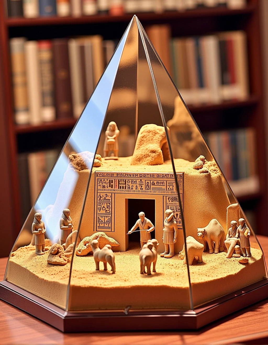 <lora:DioramaStyle:1>Diorama Style, A glass pyramid showcases an ancient Egyptian excavation site. Archaeologists are depicted unearthing artifacts amidst sand dunes and partially buried statues. Hieroglyphics adorn the walls of a discovered tomb entrance, and camels rest nearby under a scorching sun. This triangular diorama offers a glimpse into the mysteries of the past, ideal for display on a study desk or library shelf.