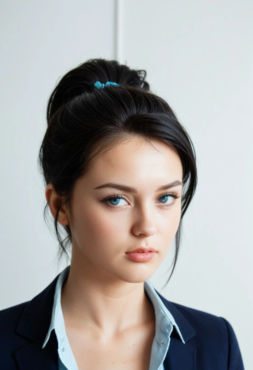 score_9, score_8, score_7, score_6, highres, high-quality, 8k, 4k, raw, Lucy Ria Christensen face, Lucy Ria Christensen chin, Lucy Ria Christensen forehead, ponytail hair, blue iris, blue eyes, black hair, looking left portrait, looking away, professional photography