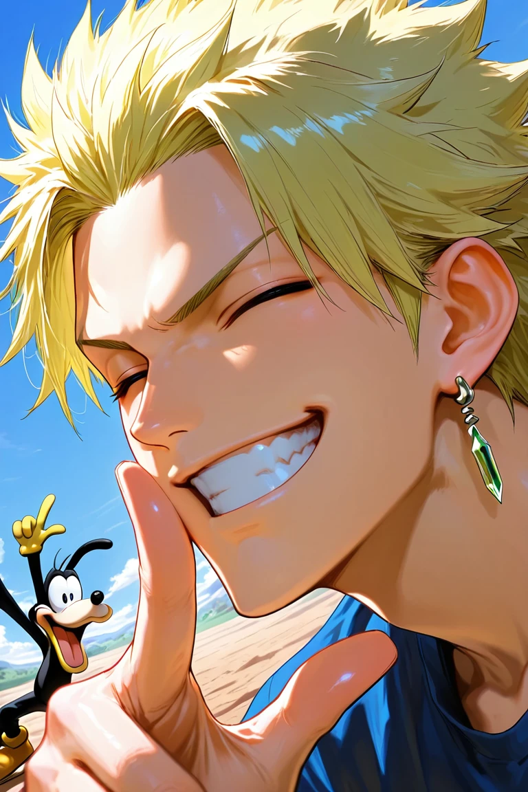 cover page, expressive cute face, sting eucliffe-1male focus, blonde_sting eucliffe_hair, closed eyes, ^_^, light yellow_sting eucliffe_single earring, looking at viewer, goofy grin, teeth, shiny skin, finger gun on own chin, outdoors, from side, shadow, dynamic angle, dynamic action, atmospheric perspective, intricately detailed, depth of field, masterpiece, best quality, amazing quality, very aesthetic, absurdres, newest, very awa