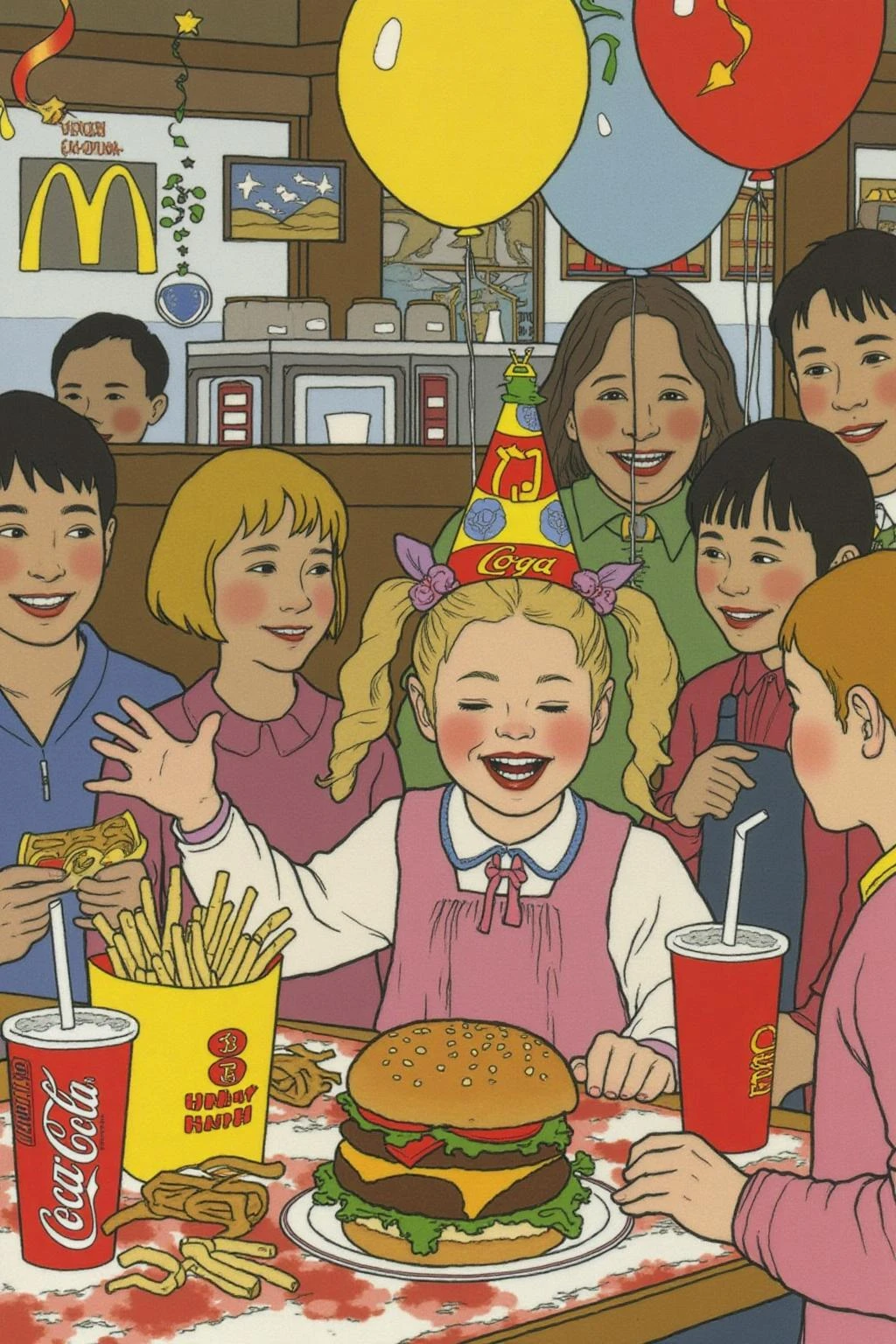 ivanbilibin1 illustration.
dulac1 illustration. A four-year-old girl with twin pigtails is celebrating her birthday at McDonald's, a place that feels like a magical playground for children. The joy on her face is unmistakable as she sits at a table set with a colorful array of items: crispy McDonald's fries in a bright yellow packet, a refreshing cup of Coca-Cola, and a juicy hamburger wrapped in its iconic packaging. Her pigtails bounce playfully as she moves, adding to the lively atmosphere. The table is also adorned with festive decorations, including balloons and streamers that match the vibrant McDonald's red and yellow color scheme. Family members gather around, their smiles reflecting the warmth and love of the occasion. The lighting inside the restaurant is soft yet bright, creating a welcoming environment that highlights the happiness of the moment. This scene captures the pure delight and excitement of a young child's birthday celebration, set against the backdrop of a beloved fast-food chain, where simple pleasures bring immense joy <lora:dulac2_cap_d6a3e15:1.0><lora:816566307949627349:0>
<lora:ivanbilibin1_cap_d6a3:1.0><lora:835909534980659452:0>