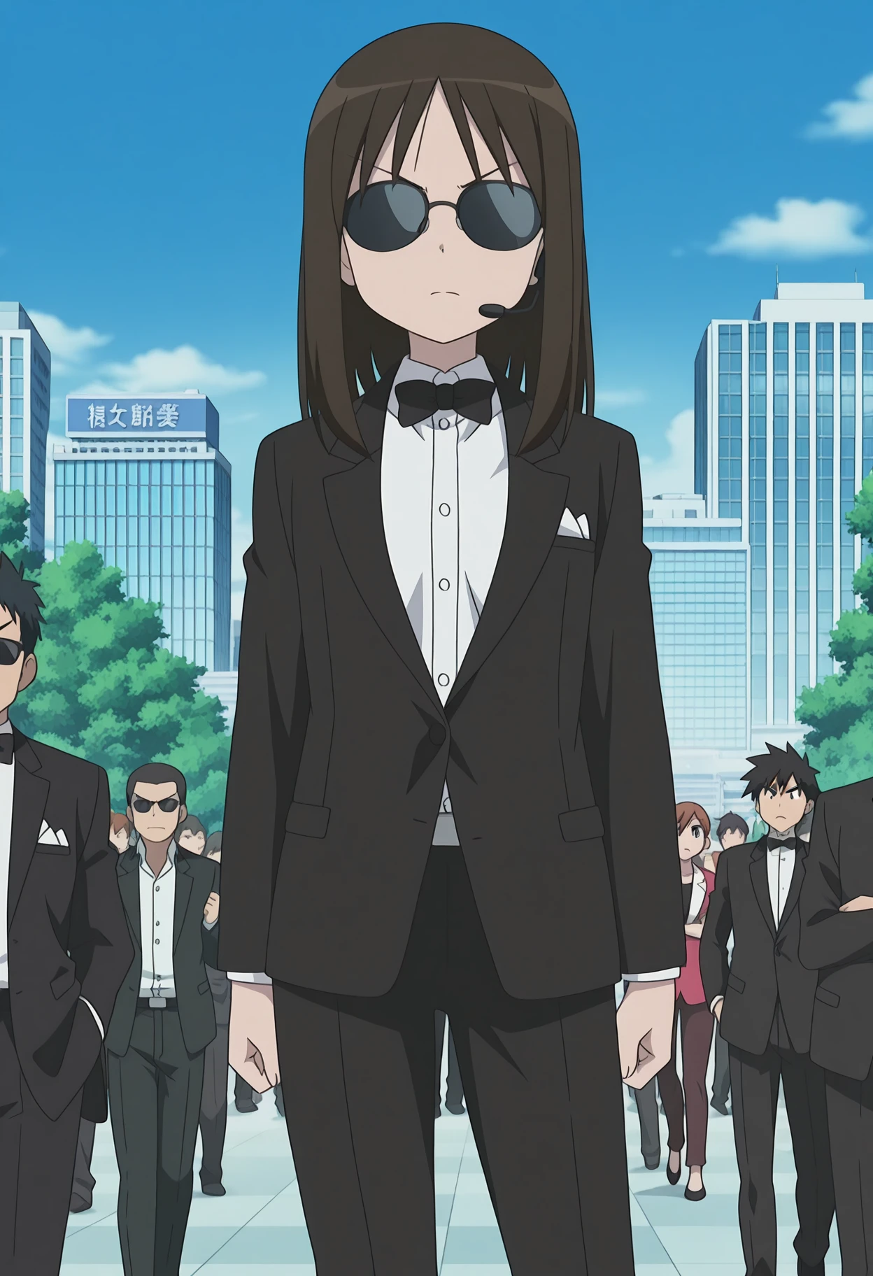 detailed background, official style,anime coloring, (anime screencap) masterpiece, detailed face,1girl, <lora:Osaka-san:0.8> Osaka, solo, brown hair, v shaped eyebrows, sunglasses, tuxedo, earpiece, standing, city background, crowd, solo focus