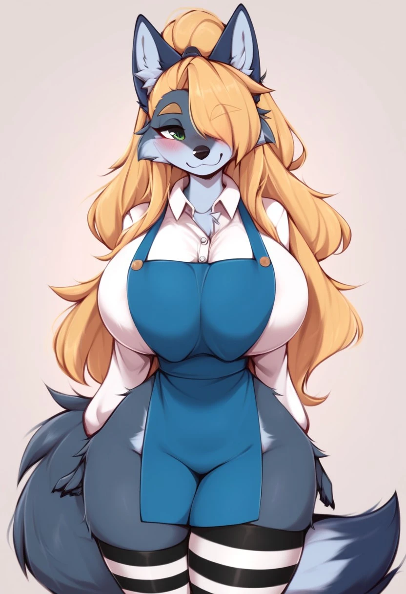 score_9, score_8_up, score_7_up, score_6_up, score_5_up, score_4_up, (solo), female anthro hyena, wearing pajamas, lusty, fluffy body, long blond hair, turquoise eyes, (thick thighs:1.5)((( offering the breasts))) sex partial clothes, (((cleavage))) semi-butonned uniform niform, (barely_visible_booba) (she is sitting) , giant breasts,  focus on ass, biki big ass sexy ass sexy but invitation,