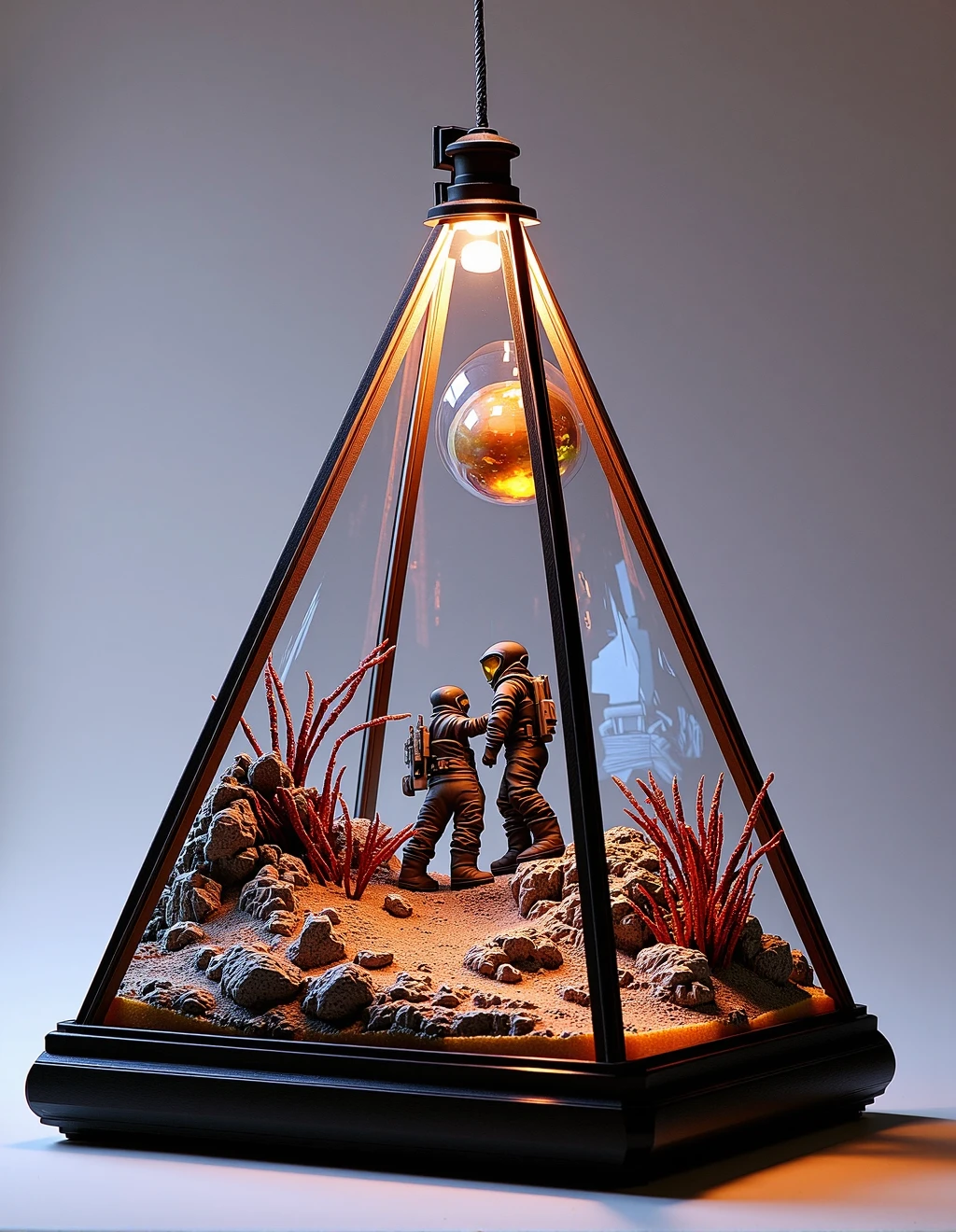 <lora:DioramaStyle:1>Diorama Style, Within a glass pyramid, an alien landscape is portrayed. Strange, luminescent plants grow amidst rocky terrain, and a distant planet looms large in the sky. Futuristic explorers in space suits examine the unusual flora and fauna, capturing the essence of science fiction. This extraterrestrial diorama adds a touch of the otherworldly to your décor.