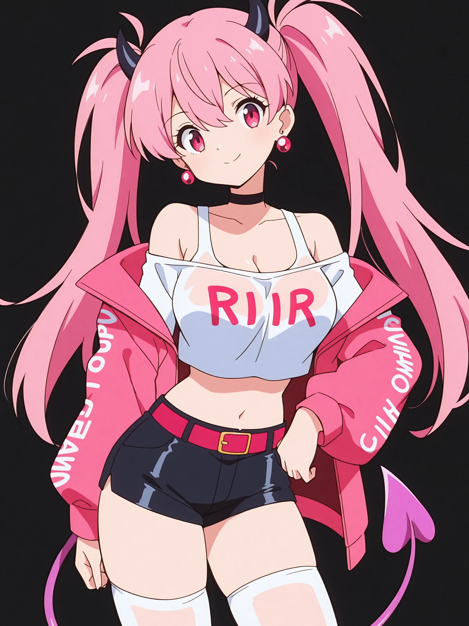 1girl, solo, breasts, tail, pink_hair, horns, demon_tail, shorts, jacket, twintails, large_breasts, smile, looking_at_viewer, long_hair, navel, choker, black_background, pink_eyes, short_shorts, belt, demon_girl, pink_jacket, demon_horns, simple_background, tank_top, open_jacket, cleavage, black_shorts, open_clothes, thighhighs, off_shoulder, bare_shoulders, closed_mouth, head_tilt, hair_between_eyes, cowboy_shot, jewelry, micro_shorts, collarbone, black_choker, white_thighhighs, crop_top, bangs, earrings, clothes_writing, shirt, midriff, standing, see-through, contrapposto, long_sleeves,
<lora:Pokemon_Indigo_League_Illustrious_X1_SD8:1>
