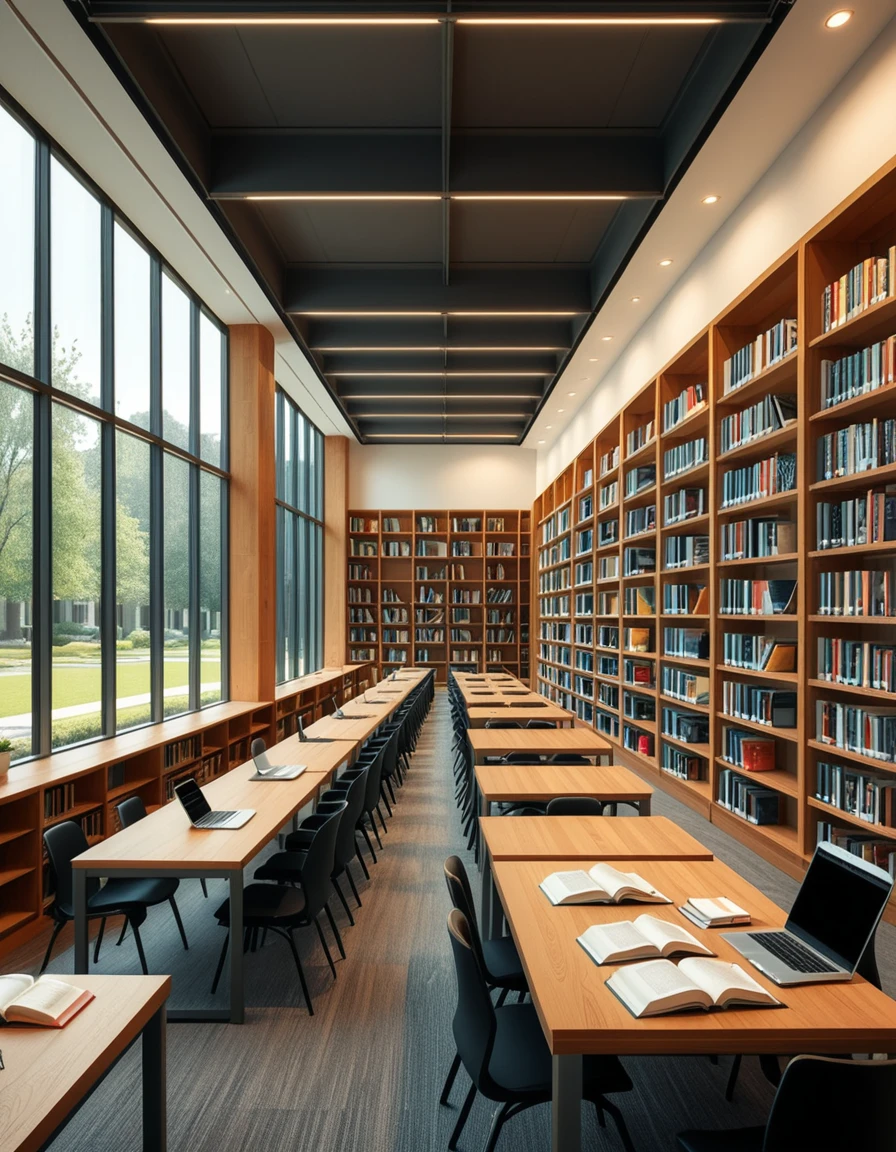 A high-resolution, ultra-realistic photograph of a modern college library interior. The scene showcases a spacious, open-plan design with large floor-to-ceiling windows allowing natural daylight to flood the space. The architectural style is contemporary, featuring minimalist furniture with clean lines: sleek wooden tables, ergonomic chairs in neutral tones (gray and beige), and built-in bookshelves made of light oak wood.
In the foreground, a group of diverse students (varied ethnicities and genders) are quietly studying, some using laptops, others reading books, with focused, calm expressions. One student is sipping coffee from a reusable cup.
The background displays rows of neatly organized books, indoor plants adding a touch of greenery, and modern pendant lights hanging from the ceiling, providing warm, ambient lighting. The floor is covered with soft gray carpet, and large abstract paintings decorate the walls, contributing to a cozy and intellectual atmosphere.
The overall mood is peaceful, studious, and inspiring, with balanced natural and artificial lighting, crisp details, and realistic textures, captured as if by a professional architectural photographer using a full-frame camera.
<lora:SDXLFaeTastic2400:0.4> <lora:extremely_detailed:0.4> extremely detailed,<lora:modern_c0ll3g3_l1br4ry:1>,modern c0ll3g3 l1br4ry, Masterpiece,best quality,hi res,8k,hi res,8k,award winning,(sharp focus, intricate, highly detailed),