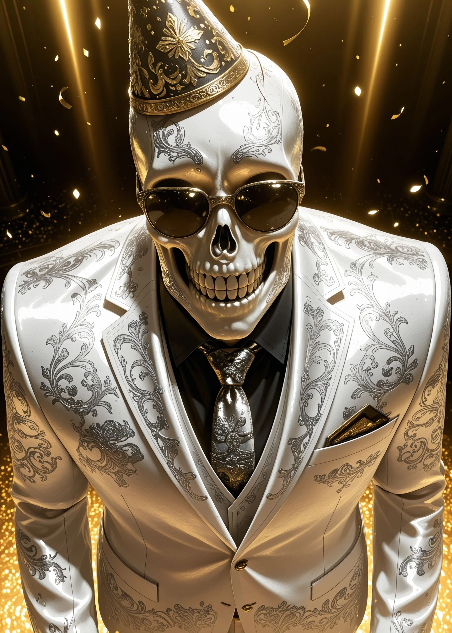 masterpiece, best quality, amazing quality, very aesthetic, high resolution, ultra-detailed, absurdres, newest, volumetric lighting, scenery, official art,
engraved, engraving,
solo, skeleton, 1other, manly, facing viewer, standing, sunglasses, upper body, face close-up, from above,
shiny clothes, party hat, smile, (confetti,:1.2)
engraved suit, white suit, business suit, clothed, black shirt, collared shirt, necktie,
engraved skull, undead, patterned clothing, concert hall,
metalic, shadow, chiaroscuro, dark theme,
volumetric lighting, <lora:engraved v2:1.3>