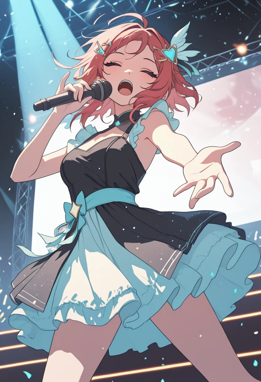 1girl, solo, dynamic pose, singing, holding microphone, idol, vtuber, hair ornament, dress, concert, on stage,