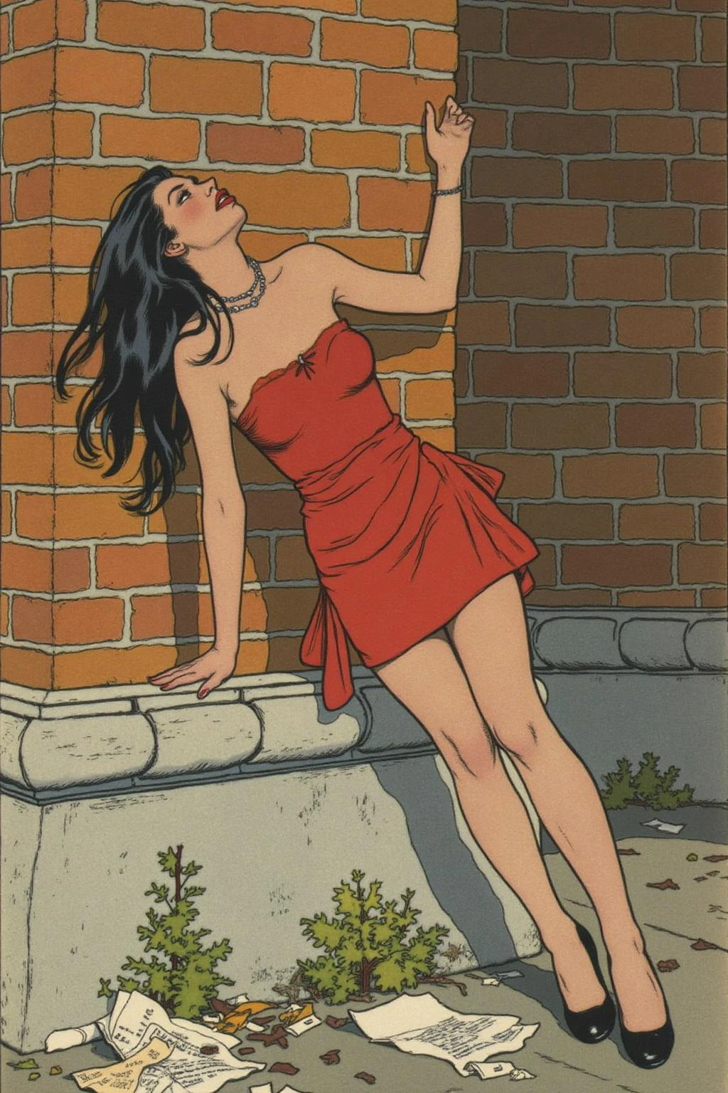 ivanbilibin1 illustration.
A woman leaning against a brick wall, set in an urban environment. She has long black hair flowing loosely and wears a short, strapless red dress that clings to her figure, emphasizing a sense of motion and sensuality. Her pose is dramatic, with her arms stretched against the wall and her head tilted slightly back, exuding a sense of vulnerability and allure. She is wearing black high-heeled shoes, and the ground below features scattered papers and debris, adding a gritty urban atmosphere. The brick wall and stone base provide a textured backdrop with warm tones, contrasting with the bold red of her dress. <lora:ivanbilibin1_cap_d6a3:1.0><lora:835907576475525110:0>