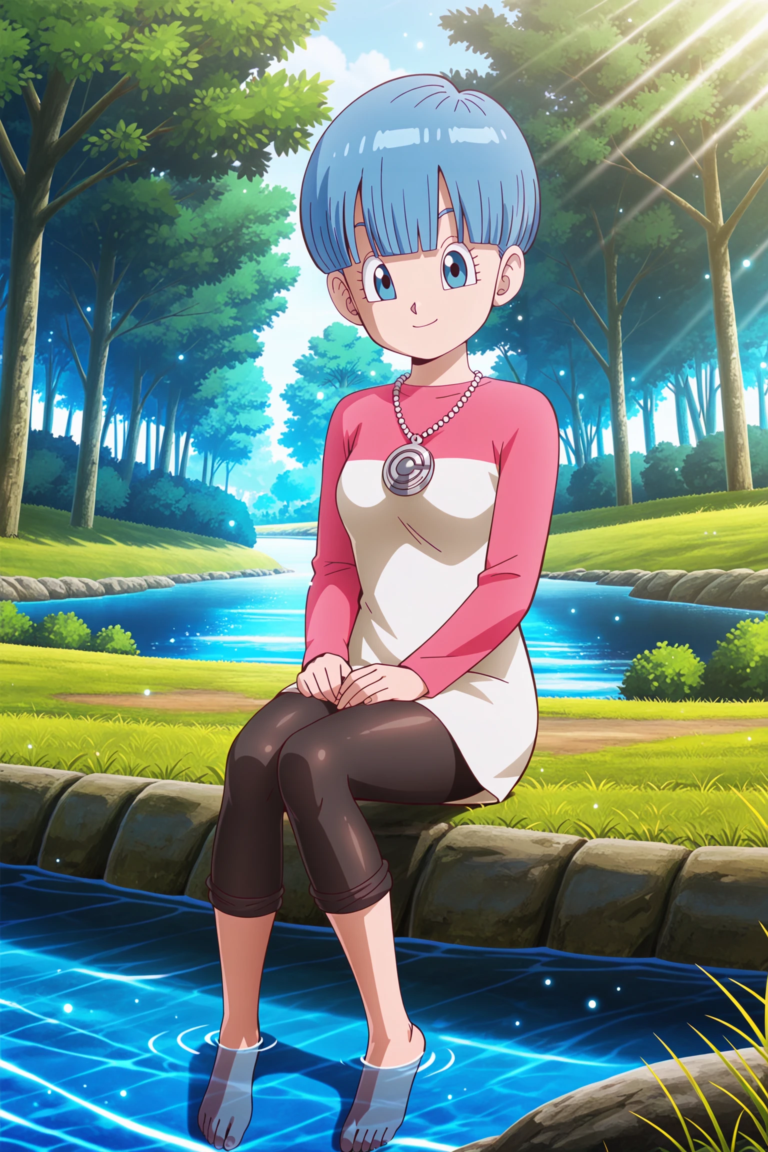 anime screencap, masterpiece, best quality, amazing quality, very aesthetic, absurdres, newest, (scenery, volumetric lighting), dappled sunlight, light particles, light rays, official style,
1girl, solo,
bulma, daima, short hair, blue hair, bowl cut, bangs, blue eyes,
daima outfit, pearl necklace, medallion, long shirt, pink shirt, two tone shirt, long sleeves, black tights, barefoot, tights rolled up,
sitting, riverbank, looking at viewer, dipping feet in river, hands on lap, tree, nature, grass, river, lens flare, partially submerged,
<lora:Bulma__ãã«ã_-_Dragon_Ball_Super__Daima:0.8>