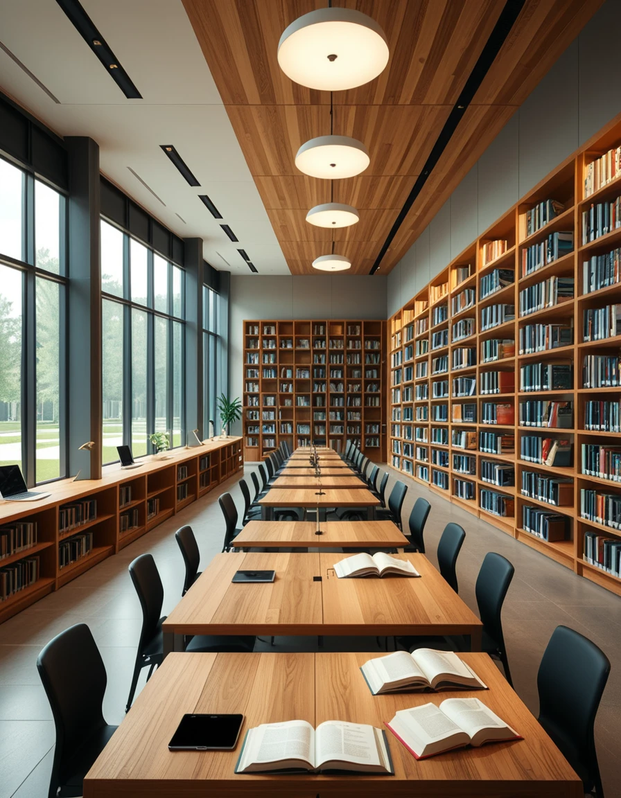 A high-resolution, ultra-realistic photograph of a modern college library interior. The scene showcases a spacious, open-plan design with large floor-to-ceiling windows allowing natural daylight to flood the space. The architectural style is contemporary, featuring minimalist furniture with clean lines: sleek wooden tables, ergonomic chairs in neutral tones (gray and beige), and built-in bookshelves made of light oak wood.
In the foreground, a group of diverse students (varied ethnicities and genders) are quietly studying, some using laptops, others reading books, with focused, calm expressions. One student is sipping coffee from a reusable cup.
The background displays rows of neatly organized books, indoor plants adding a touch of greenery, and modern pendant lights hanging from the ceiling, providing warm, ambient lighting. The floor is covered with soft gray carpet, and large abstract paintings decorate the walls, contributing to a cozy and intellectual atmosphere.
The overall mood is peaceful, studious, and inspiring, with balanced natural and artificial lighting, crisp details, and realistic textures, captured as if by a professional architectural photographer using a full-frame camera.
 <lora:SDXLFaeTastic2400:0.4> <lora:extremely_detailed:0.4> extremely detailed,<lora:modern_c0ll3g3_l1br4ry:1>,modern c0ll3g3 l1br4ry, Masterpiece,best quality,hi res,8k,hi res,8k,award winning,(sharp focus, intricate, highly detailed),