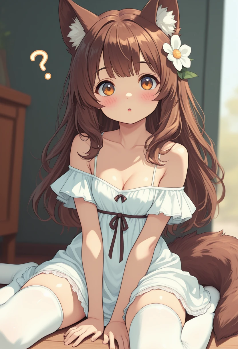 1girl, \:o, ?, animal ears, solo, tail, thighhighs, hair flower, white thighhighs, hair ornament, breasts, dress, sitting, long hair, looking at viewer, between legs, white dress, brown hair, collarbone, animal ear fluff, wariza, bare shoulders, cleavage, hand between legs, blush, bangs, off shoulder, blurry, small breasts