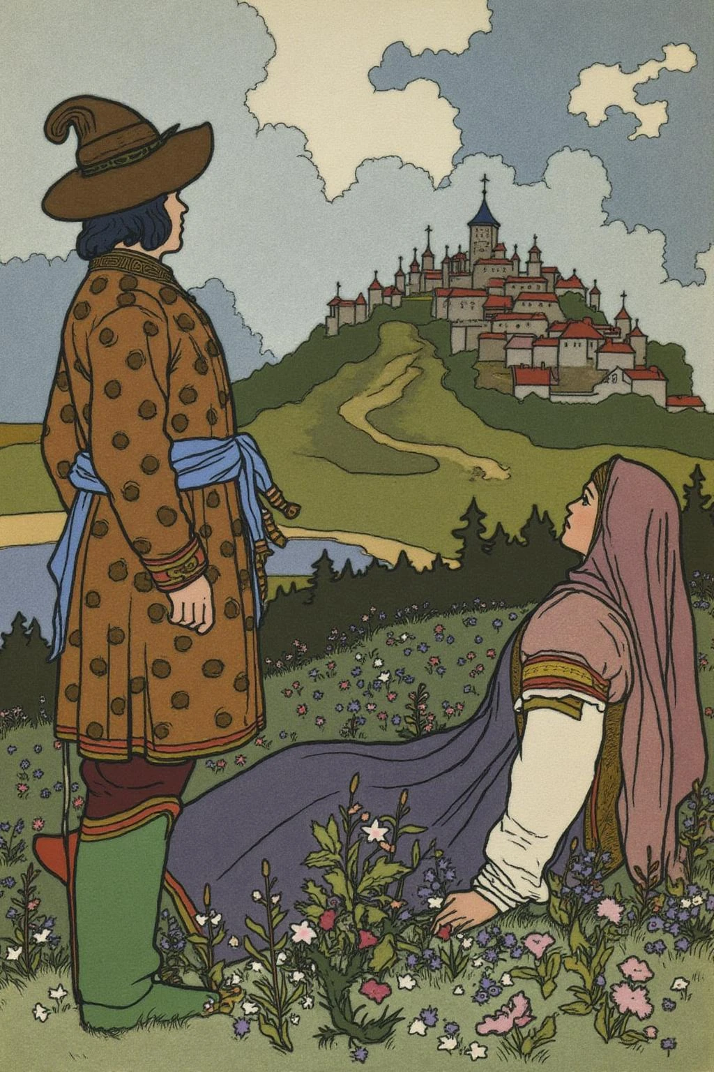 ivanbilibin1 illustration.
On the right is a richly dressed man show in side profile view.
On the left is a woman wearing a headscarf, lying on a field by full of wild flowers.
They are dressed in medieval attires, turning their heads to look at a distant city on a hill.
<lora:ivanbilibin1_cap_d6a3:1.0><lora:835869445755778493:0>