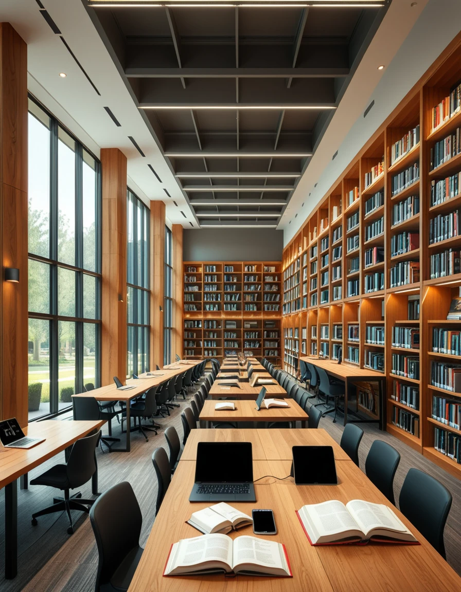 A high-resolution, ultra-realistic photograph of a modern college library interior. The scene showcases a spacious, open-plan design with large floor-to-ceiling windows allowing natural daylight to flood the space. The architectural style is contemporary, featuring minimalist furniture with clean lines: sleek wooden tables, ergonomic chairs in neutral tones (gray and beige), and built-in bookshelves made of light oak wood.
In the foreground, a group of diverse students (varied ethnicities and genders) are quietly studying, some using laptops, others reading books, with focused, calm expressions. One student is sipping coffee from a reusable cup.
The background displays rows of neatly organized books, indoor plants adding a touch of greenery, and modern pendant lights hanging from the ceiling, providing warm, ambient lighting. The floor is covered with soft gray carpet, and large abstract paintings decorate the walls, contributing to a cozy and intellectual atmosphere.
The overall mood is peaceful, studious, and inspiring, with balanced natural and artificial lighting, crisp details, and realistic textures, captured as if by a professional architectural photographer using a full-frame camera.
<lora:SDXLFaeTastic2400:0.4> <lora:extremely_detailed:0.4> extremely detailed,<lora:modern_c0ll3g3_l1br4ry:1>,modern c0ll3g3 l1br4ry, Masterpiece,best quality,hi res,8k,hi res,8k,award winning,(sharp focus, intricate, highly detailed),