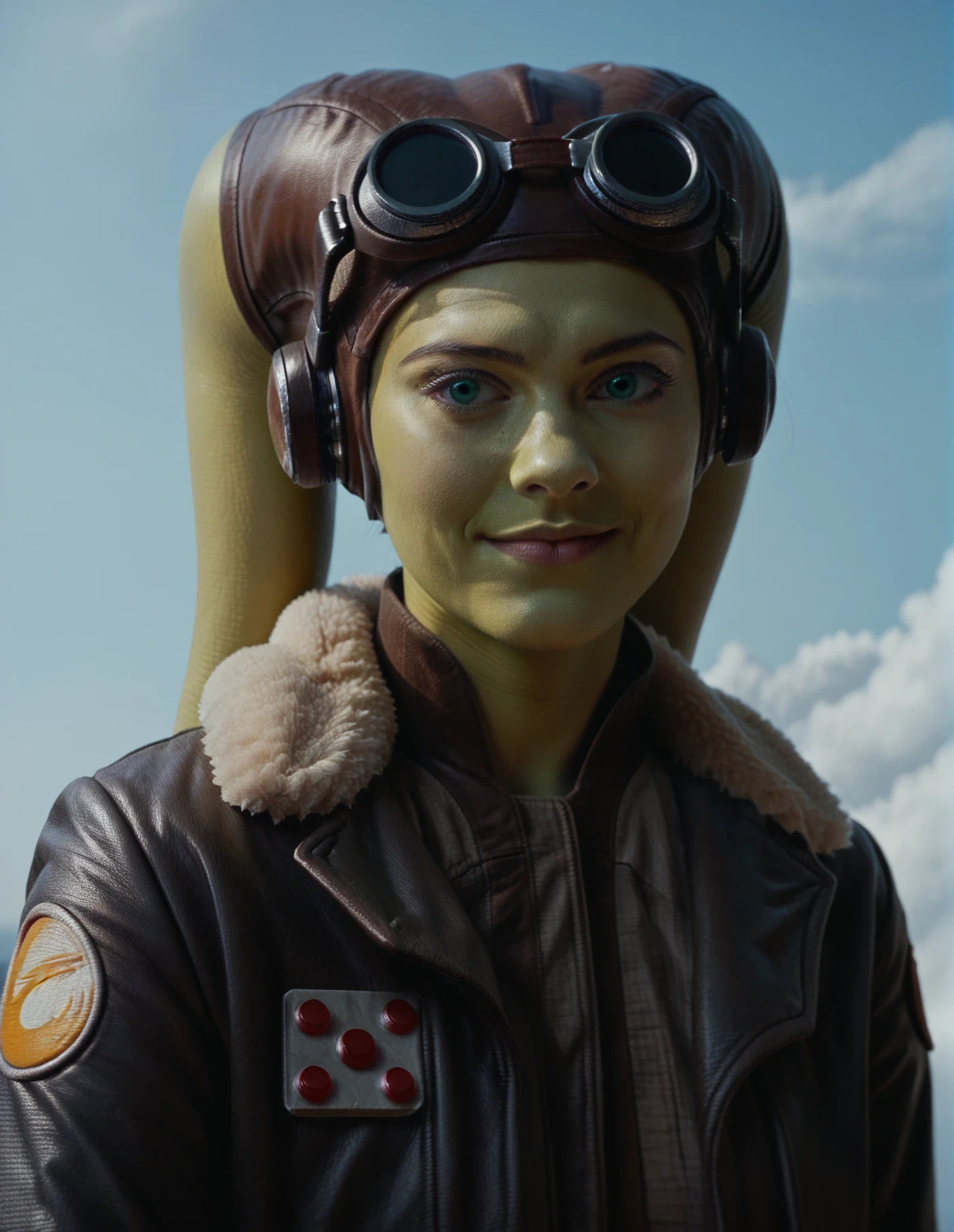 1girl, portrait, blue skin, tentacle hair, green skin, green eyes, goggles, (smile:0.7), closed mouth, jacket, sky background, looking to the side <lora:Hera_Syndulla:1> syndulla, score_9, score_8_up, score_7_up, score_6_up, (ultra sharp focus)