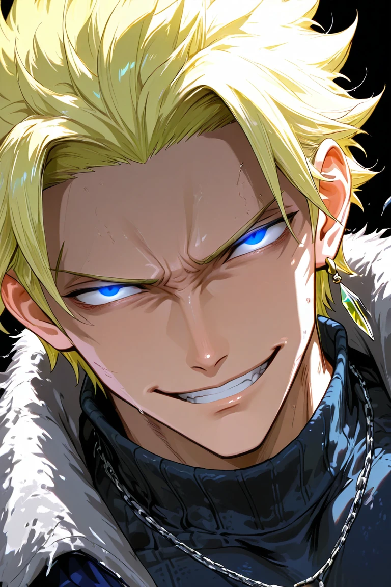 dark, cover page, expressive manly naughty face, sting eucliffe-1male focus, blonde_sting eucliffe_hair, blue_sting eucliffe_eyes, light yellow_sting eucliffe_single earring, looking at viewer, evil smile, shaded face, shaded eyes, shiny skin, necklace, covered abs, sweater, turtleneck sweater, jewelry, boyfriend cosplay, close-up, black background, shadow, dynamic angle, dynamic action, atmospheric perspective, intricately detailed, depth of field, masterpiece, best quality, amazing quality, very aesthetic, absurdres, newest, very awa, horror (theme)