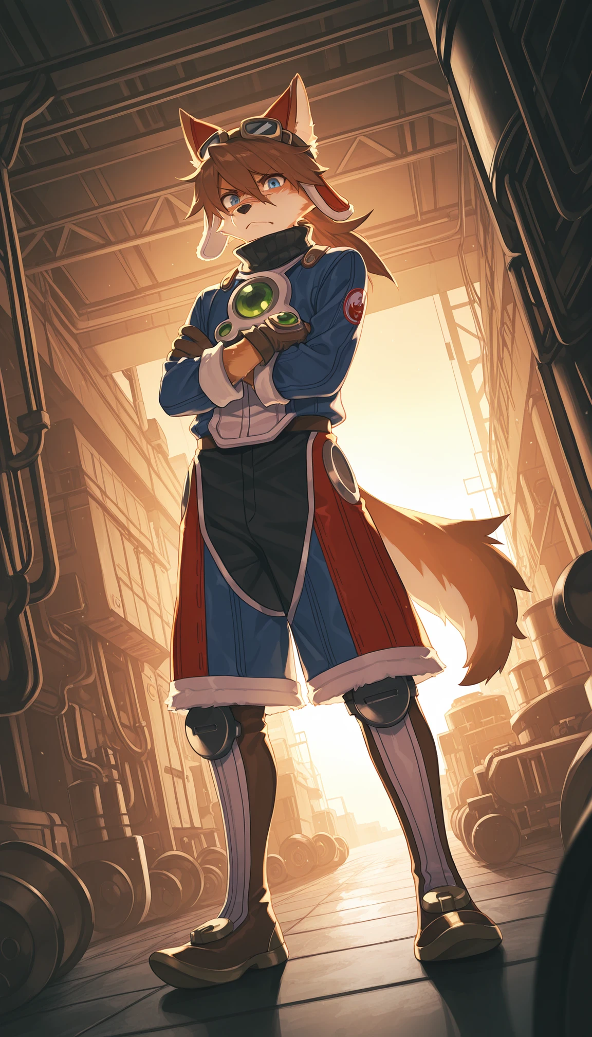 masterpiece,best quality,amazing quality, syokuuuuuuuuumura, RedSav, 1boy, furry male, solo, three quarter view, dutch angle, looking at viewer, two-tone fur, brown hair, dog ears, animal nose, detailed eyes, blue eyes, dog tail, scar on face, redattire, (green gemstone:0.8) turtleneck, red headwear, goggles on headwear, long sleeves, boots, gloves, full body, crossed arms, standing, annoyed, v-shaped eyebrows, frown, detailed background, factory, industrial, hazard stripes, machinery