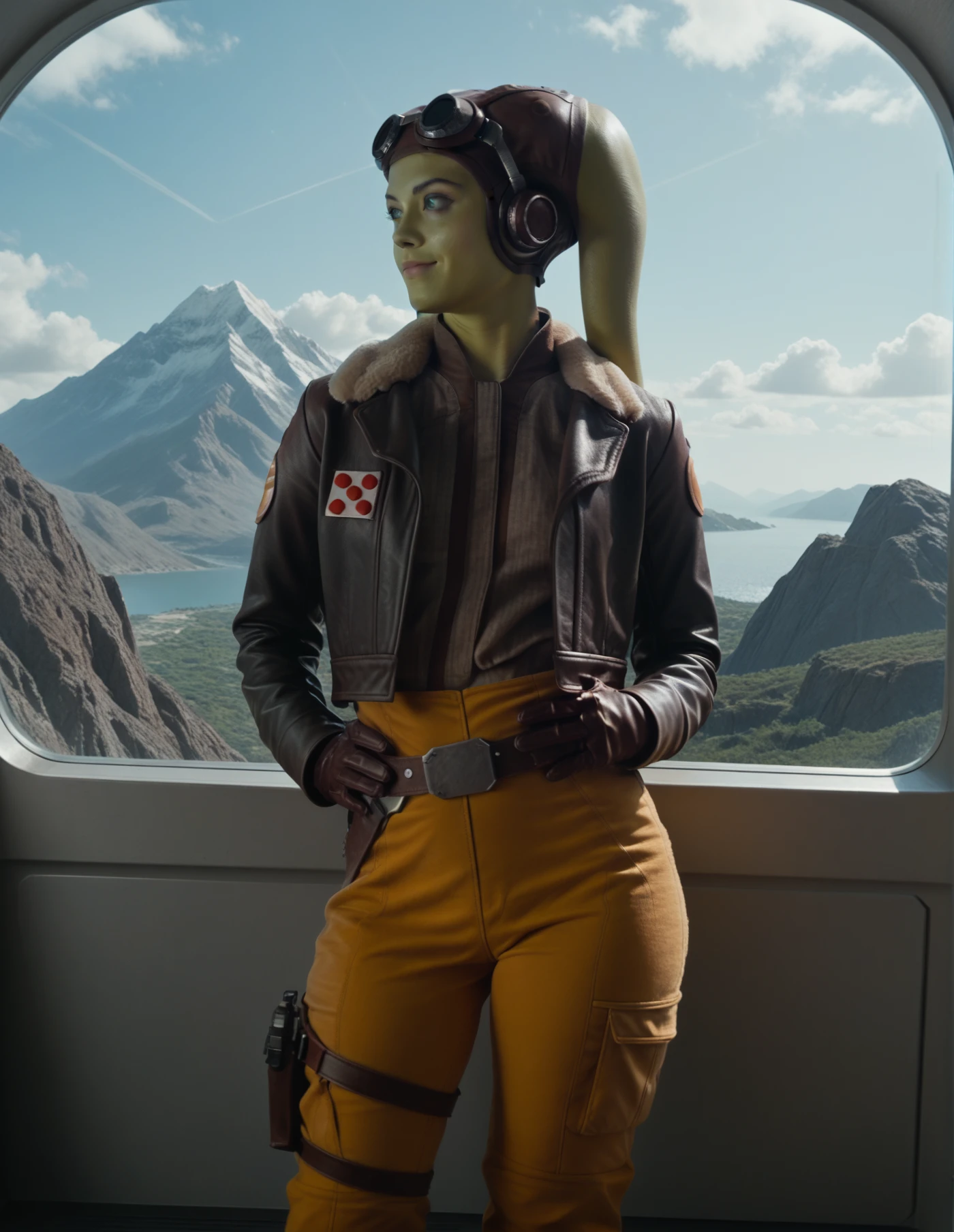 1girl, blue skin, tentacle hair, green skin, green eyes, goggles, (smile:0.6), closed mouth, jacket, sky background, looking to the side, hands on hips, mountains, wide hips, thighs, belt, leather gloves <lora:Hera_Syndulla:1> syndulla, score_9, score_8_up, score_7_up, score_6_up, (ultra sharp focus)