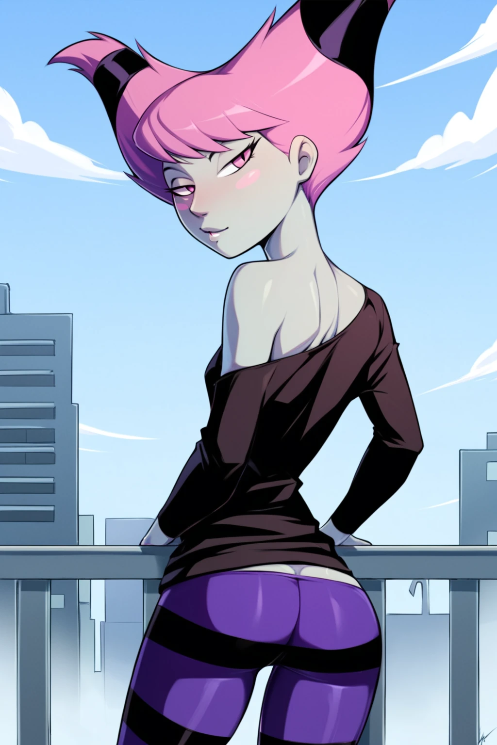 PonyXLV6_Scores BREAK ((parody), perfect anatomy, perfect eyes, cowboy shot, from behind), <lora:add_details_xl:0.8> BREAK <lora:Jinx:0.8> aline haiden, colored skin, grey skin, short hair, pink hair, twintails, pink eyes, flirting, raised eyebrow, half-closed eyes, blush stickers, ((looking back at viewer)), off shoulder, black shirt, striped leggings, small breasts, petite, curvy, toned, athletic, standing, sexually suggestive pose, arched back, city, outdoors