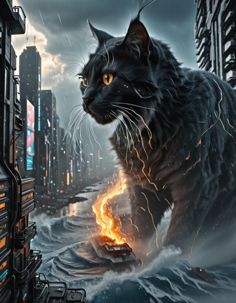 [photorealistic] <lora:Space_Worlds_02_v1_Dark:1.0> sw02d_illus, cyberpunk giant waves, lots of wind, fire storm, giant cat shadow,