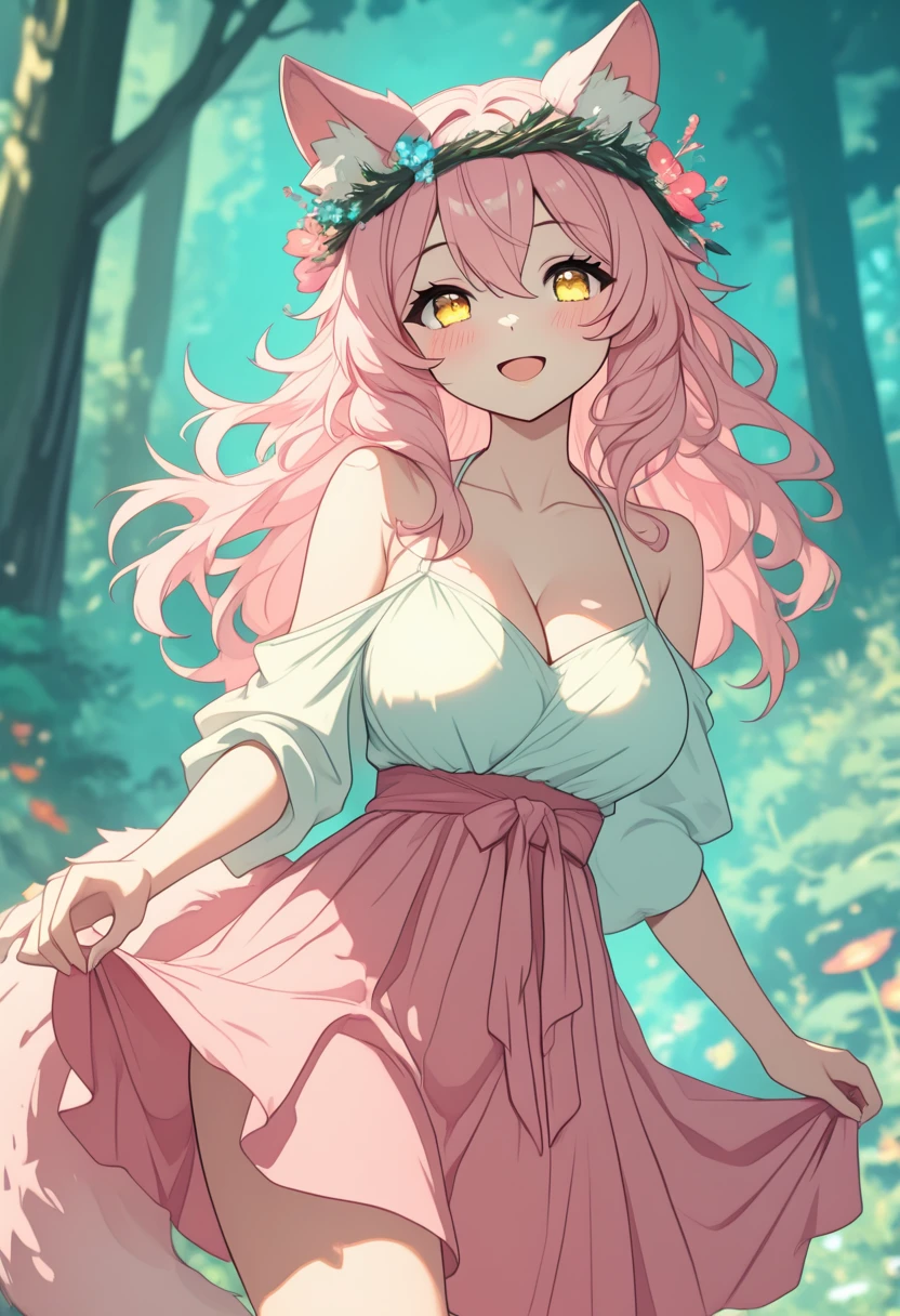 1girl, breasts, animal ears, cleavage, pink hair, solo, tail, smile, long hair, pink skirt, looking at viewer, large breasts, open mouth, blush, outdoors, skirt, :d, hair ornament, animal ear fluff, flower, head wreath, hair between eyes, bangs, collarbone, nature, bare shoulders, hair flower, blurry, forest, yellow eyes