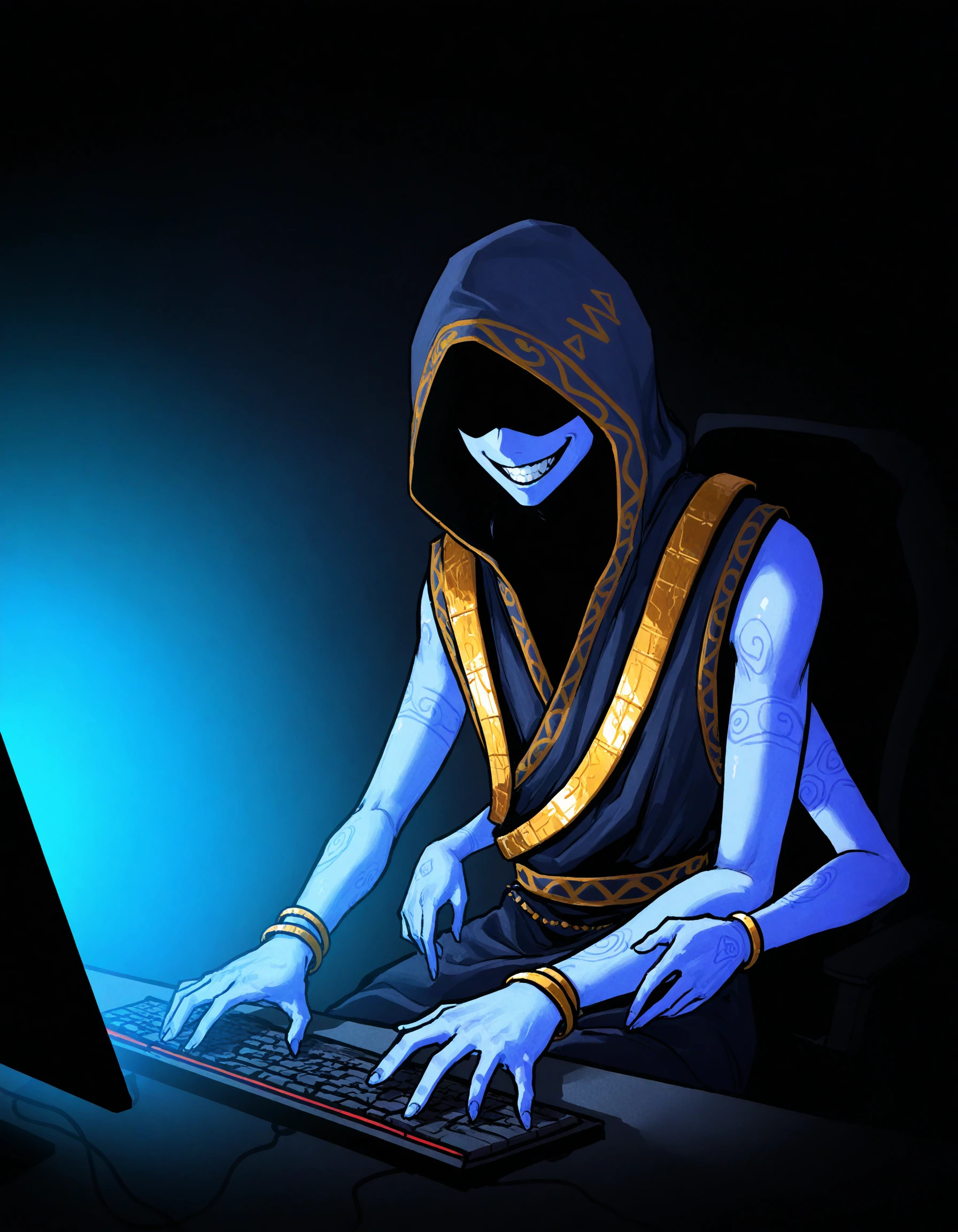 masterpiece, good quality, best quality, rkgk, faux traditional media, solo,
Changeling, jewelry, extra arms, hood, robe, blue skin, computer keyboard, typing, evil grin, faceless,
<lora:Changeling_Vpred:0.5>