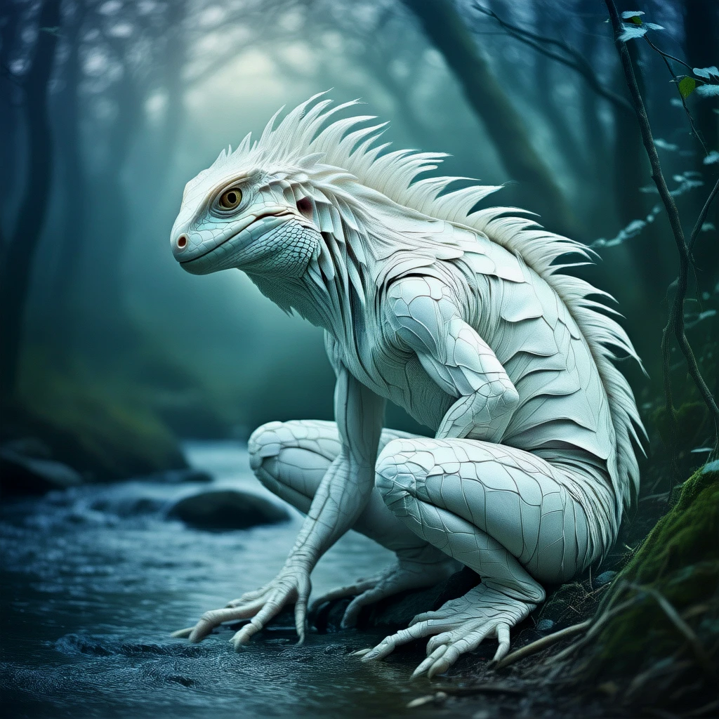 A fantasy forest lizard creature, covered in white fur, crouching beside a stream..

ethrlsrphCE_style
