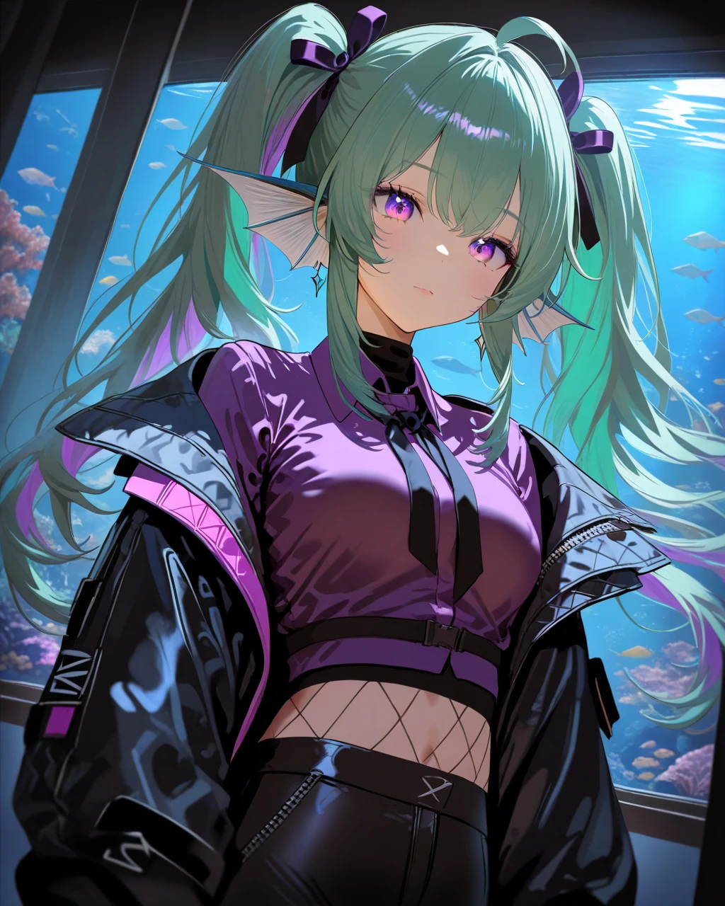 FinanaRyugu,
1girl, solo, dutch angle, close-up,
long hair, twintails,
hair ribbon,
green hair,
purple eyes, multicolored eyes,
head fins,
earrings,
multicolored hair, purple hair,
ahoge,
dating, walking, arms at sides,
black jacket,
purple shirt, long sleeves,
black undershirt, black neckerchief, croptop,
fishnets,
night, aquarium,
<lora:kp_FinanaRyuguAnimagineXL_v1_0_c:1.0>,
masterpiece, high score, great score, absurdres,
ultra-detailed, realistic, moody lighting, detailed eyes, depth of field, high contrast,