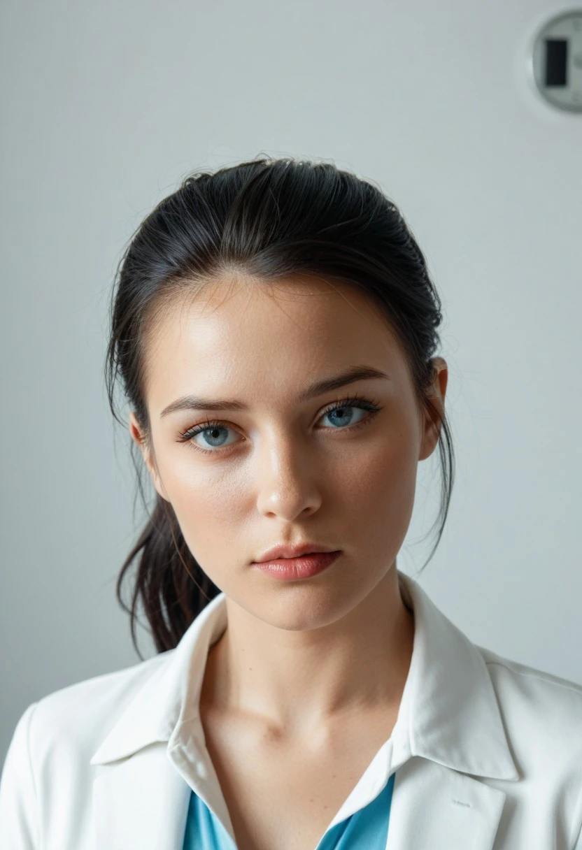 score_9, score_8, score_7, score_6, highres, high-quality, 8k, 4k, raw, Lucy Ria Christensen face, Lucy Ria Christensen chin, Lucy Ria Christensen forehead, ponytail hair, blue iris, blue eyes, black hair, looking left portrait, looking away, professional photography