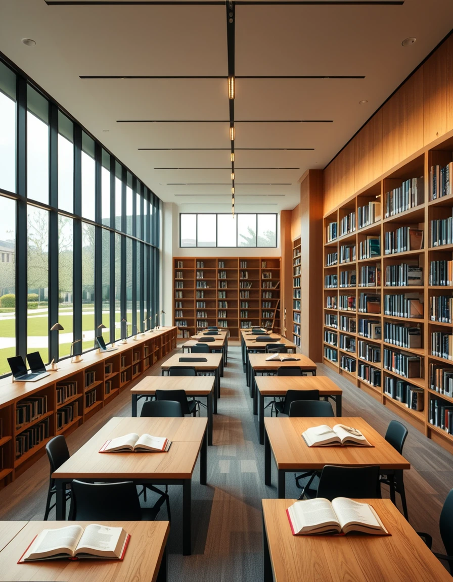 A high-resolution, ultra-realistic photograph of a modern college library interior. The scene showcases a spacious, open-plan design with large floor-to-ceiling windows allowing natural daylight to flood the space. The architectural style is contemporary, featuring minimalist furniture with clean lines: sleek wooden tables, ergonomic chairs in neutral tones (gray and beige), and built-in bookshelves made of light oak wood.
In the foreground, a group of diverse students (varied ethnicities and genders) are quietly studying, some using laptops, others reading books, with focused, calm expressions. One student is sipping coffee from a reusable cup.
The background displays rows of neatly organized books, indoor plants adding a touch of greenery, and modern pendant lights hanging from the ceiling, providing warm, ambient lighting. The floor is covered with soft gray carpet, and large abstract paintings decorate the walls, contributing to a cozy and intellectual atmosphere.
The overall mood is peaceful, studious, and inspiring, with balanced natural and artificial lighting, crisp details, and realistic textures, captured as if by a professional architectural photographer using a full-frame camera.
<lora:SDXLFaeTastic2400:0.4> <lora:extremely_detailed:0.4> extremely detailed,<lora:modern_c0ll3g3_l1br4ry:1>,modern c0ll3g3 l1br4ry, Masterpiece,best quality,hi res,8k,hi res,8k,award winning,(sharp focus, intricate, highly detailed),