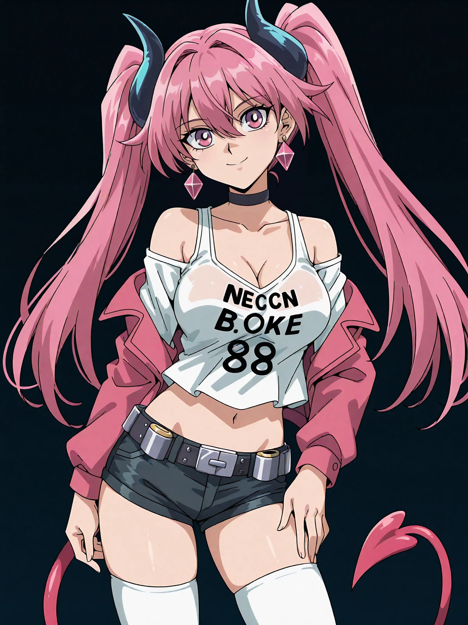 1girl, solo, breasts, tail, pink_hair, horns, demon_tail, shorts, jacket, twintails, large_breasts, smile, looking_at_viewer, long_hair, navel, choker, black_background, pink_eyes, short_shorts, belt, demon_girl, pink_jacket, demon_horns, simple_background, tank_top, open_jacket, cleavage, black_shorts, open_clothes, thighhighs, off_shoulder, bare_shoulders, closed_mouth, head_tilt, hair_between_eyes, cowboy_shot, jewelry, micro_shorts, collarbone, black_choker, white_thighhighs, crop_top, bangs, earrings, clothes_writing, shirt, midriff, standing, see-through, contrapposto, long_sleeves,
<lora:Capsule_Monsters_Illustrious_X1_SD8:1>