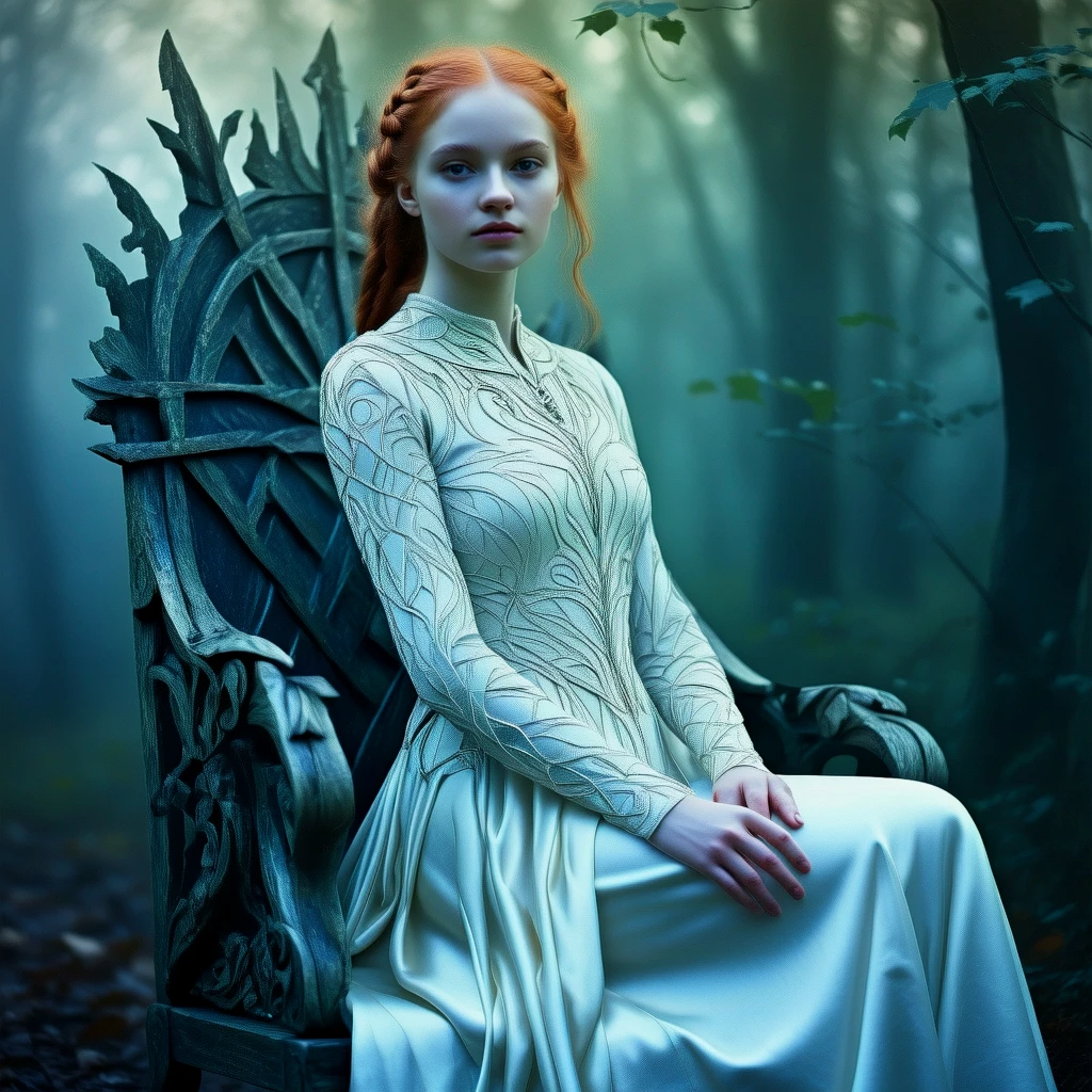 The white princess. She has pearlescent eyes and white skin. She has red hair. Her skin is luminous, her beauty divine. She sits upon a rustic throne in an ancient forest glade.
ethrlsrphCE_style