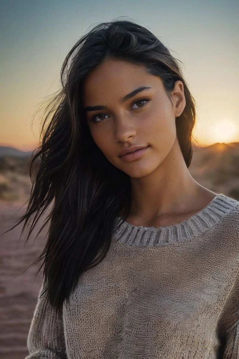 closeup headshot of S702_HopeKelesis,a stunning woman,in a (desert),wearing a (knitted sweater),(sunset),(RAW photo, best quality, 50mm, depth of field, ultra high res, intricate, photorealistic, cinematic-shot, masterpiece, ultra-detailed),