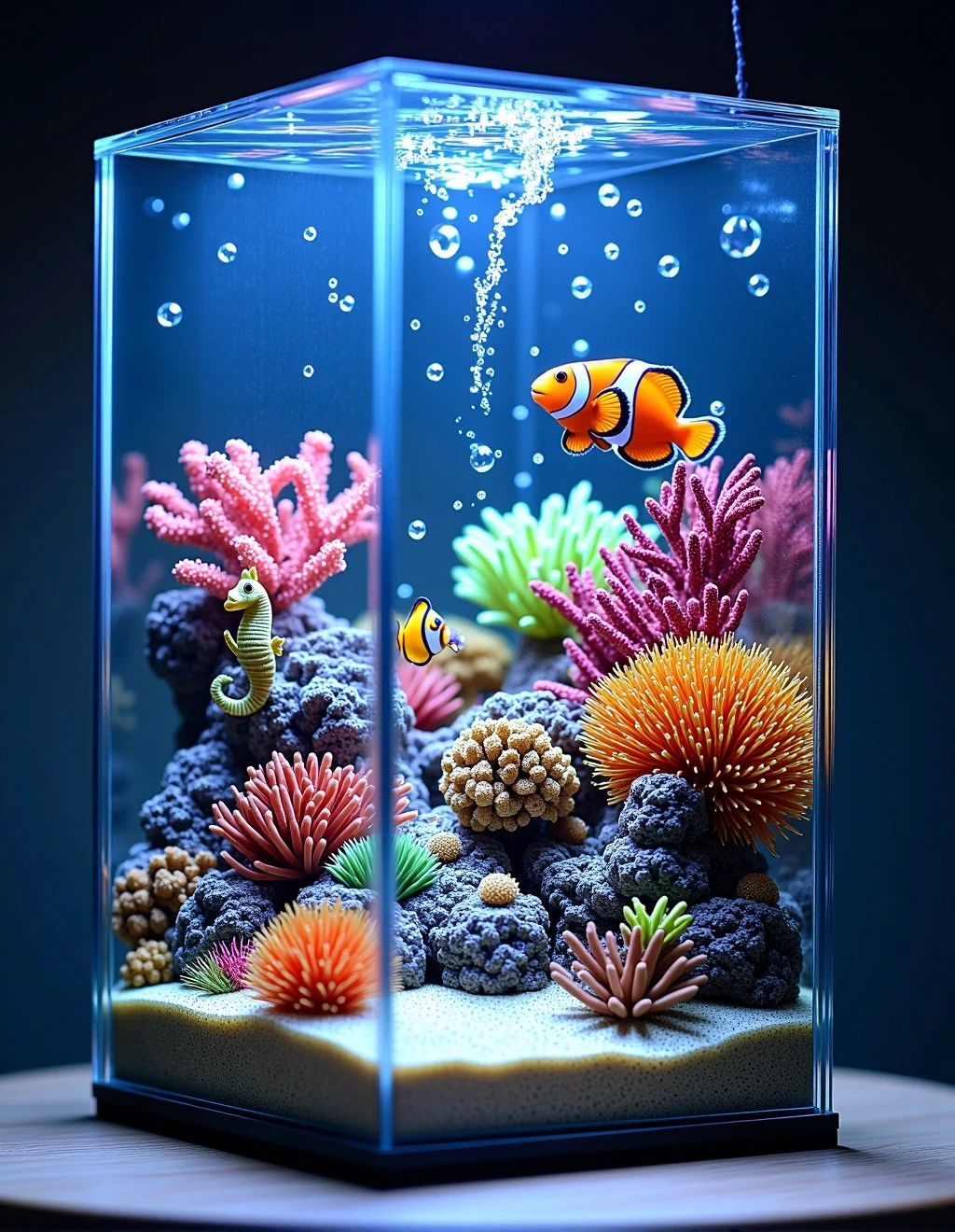 <lora:DioramaStyle:1>Diorama Style, Within a glass cube, a serene underwater coral reef is depicted. Colorful corals and sea anemones provide shelter to a variety of marine life, including clownfish and seahorses. Bubbles rise towards the surface, and a gentle light filters down, mimicking sunlight penetrating the ocean depths. This aquatic diorama brings the beauty of the sea to your indoor space.