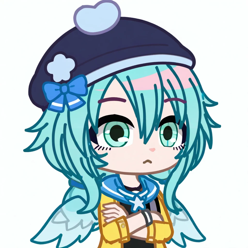 crossed arms, hat, blue bow, portrait, kiccd, black t-shirt, hood down, green skirt, kiaad, gachaevelinka, gachatomixity, standing, yellow open jacket, clover print, fortunid5, star necklace, wings