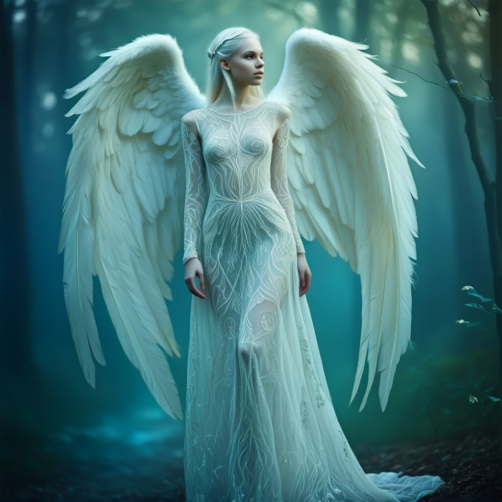 Atmospheric. Moody. Murky forest.
An ethereal angel. Female. Wearing an elegantly embroidered dress. Full body view.
ethrlsrphCE_style