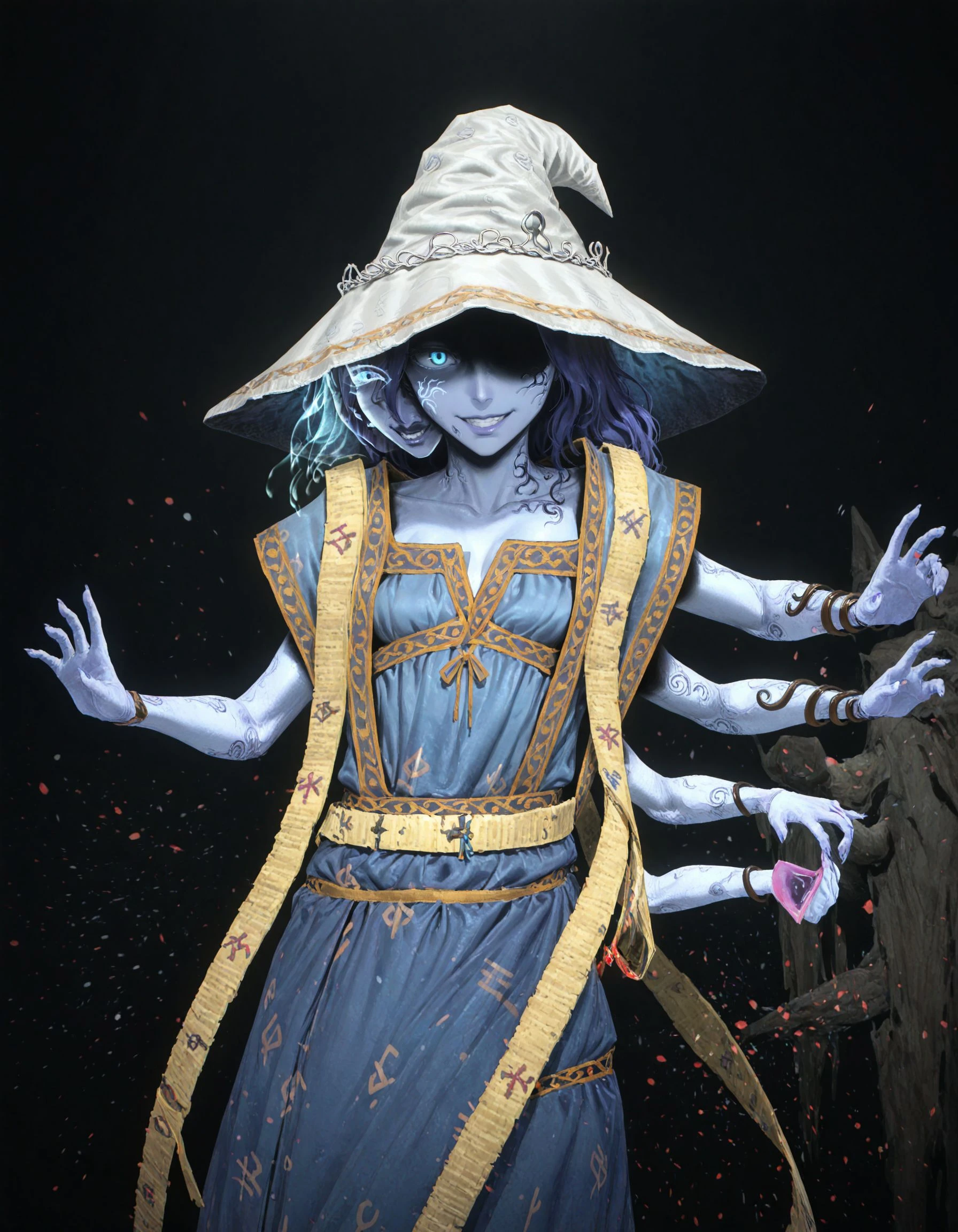 masterpiece, good quality, best quality, rkgk, faux traditional media, solo,
Changeling, jewelry, extra arms, hood, robe, blue skin, ranni the witch, evil grin, faceless,
<lora:Changeling_Vpred:0.9>