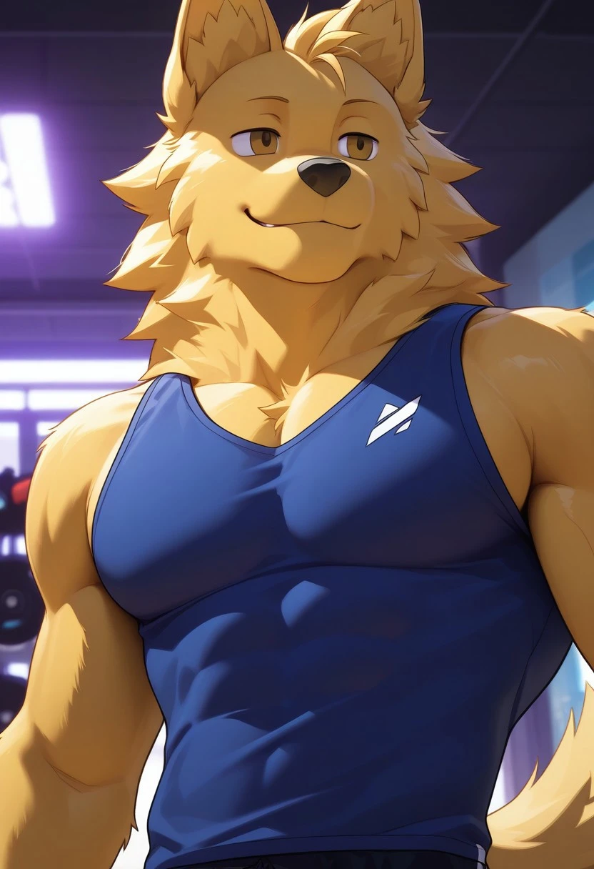 <lora:raygol:1>, Ray, golden retriever, brown eyes, yellow fur, 1boy, solo, perfecteyes, tail, no humans, furry male, furry, muscular, athletic build, long torso, narrow waist, narrow hips, toned ass, large pectorals, depth of field, soft shading, cell shaded, hyper-detailed, BREAK masterpiece, HD, highres, amazing quality, very aesthetic, cinematic lighting, dynamic angle, reflections, detailed background, blue tank top, shorts, sportswear, smile, close up, face focus, portrait
