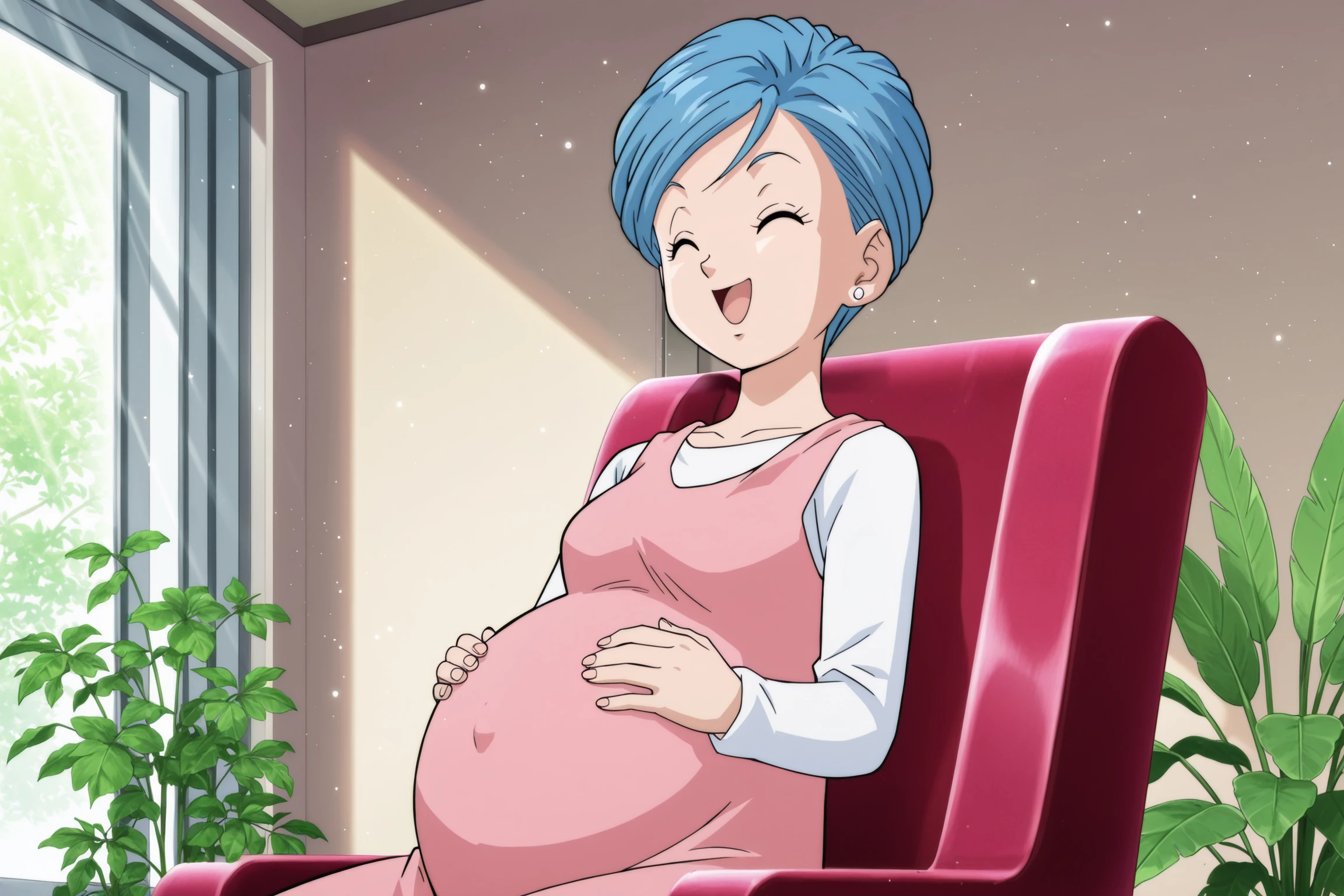 anime screencap, masterpiece, best quality, amazing quality, very aesthetic, absurdres, newest, (scenery, volumetric lighting), dappled sunlight, light particles, light rays, official style,
bulma, super, vest over shirt, official style, anime screencap, 1girl, solo, smile, very short hair, side swept hair, white undershirt, open mouth, hands on belly, pink dress, long sleeves, fingernails, sitting, blue hair, closed eyes, stud earrings, chair, plant, pregnant, indoors
<lora:Bulma__ãã«ã_-_Dragon_Ball_Super__Daima:0.8>