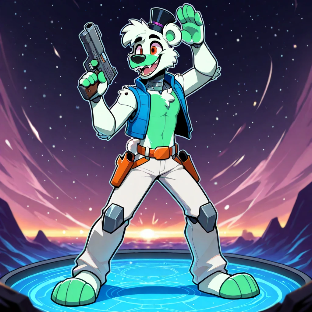 <lora:saucebear_Illustrious-10v1_1:1.3> <lora:dalee-3-il:1> (very aesthetic, newest, best quality, masterpiece), (saucebear), animal ears, orange eyes, black pupils, upper body, greenish-white body, green chest, gray neck, metallic neck, topless male, wearing blue vest, loose vest, thin neck, solo, robot, perfect body, detailed hands, mini top hat, small white bear tail, green feet, ##, smile, crazy smile:0.5, single, sharp image, detailed shirt, detailed clothing, detailed body, perfect body, detailed hair, detailed background, male focus, detailed face, detailed ears, detailed hands, in cosmic place, holding gun, action pose, full body, white pants with no pocket and no belt, guns on the back, two shoulder holsters, ##, uploaded on e621, mikus-style, furry, , , , , ,