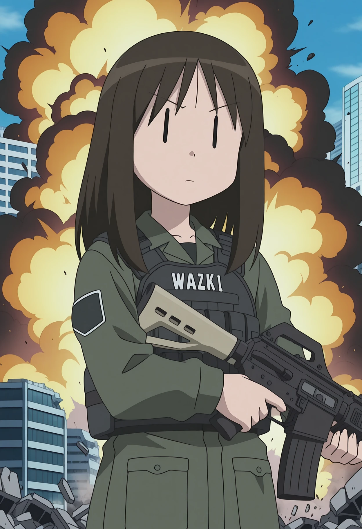 detailed background, official style,anime coloring, (anime screencap) masterpiece, detailed face,1girl, <lora:Osaka-san:0.8> Osaka, solo, long hair, brown hair, |_|, military gear, bulletproof vest, warzone, holding, gun, assault rifle, explosions background, destroyed city