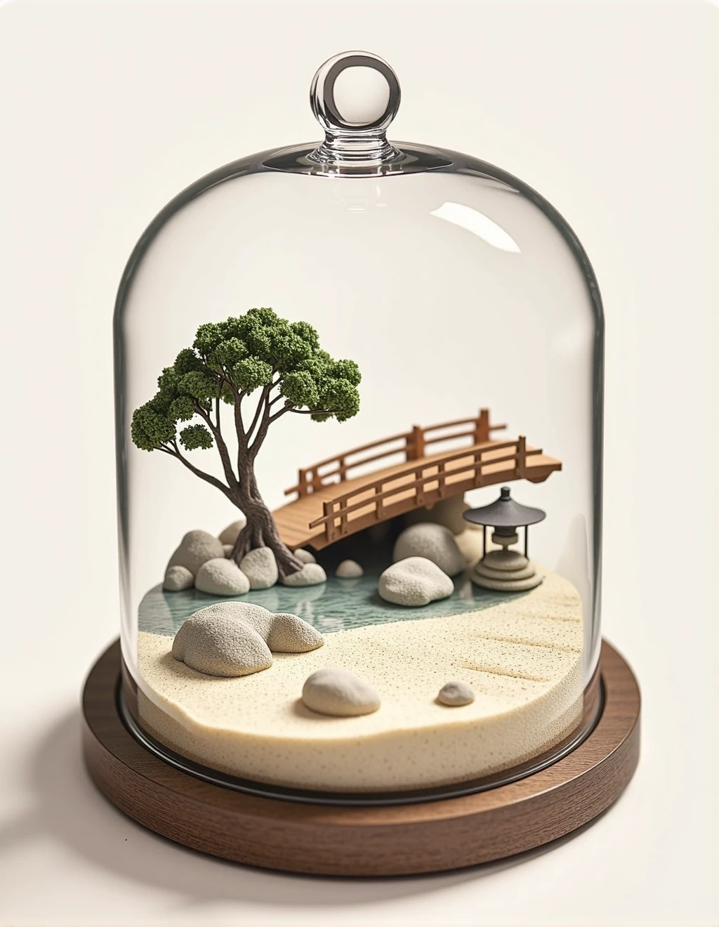 <lora:DioramaStyle:1>Diorama Style, Within a glass dome, a tranquil Zen garden is meticulously crafted. Raked sand patterns surround carefully placed rocks and a small bonsai tree. A wooden footbridge arches over a tiny koi pond, and a stone lantern adds to the peaceful atmosphere. This minimalist diorama brings a sense of calm and balance to any space.