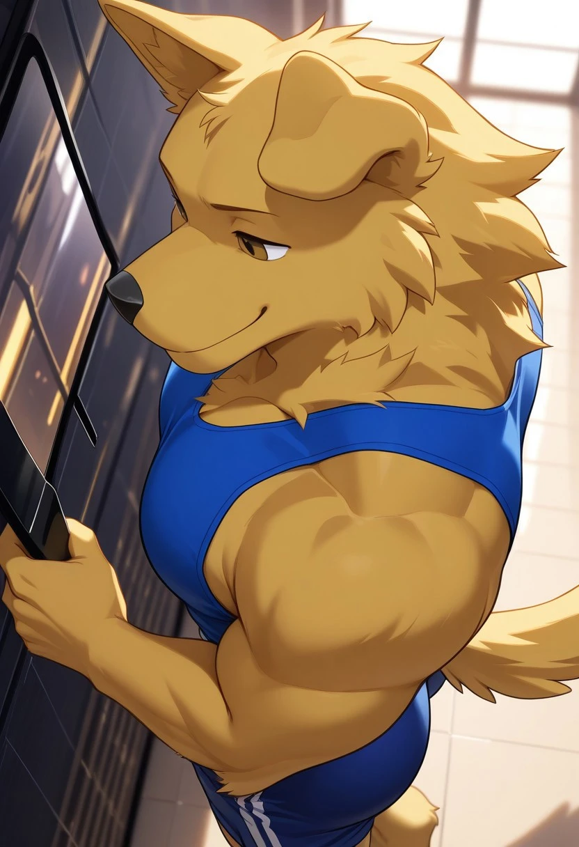 <lora:raygol:1>, Ray, golden retriever, brown eyes, yellow fur, 1boy, solo, perfecteyes, tail, no humans, furry male, furry, newest, muscular, athletic build, long torso, narrow waist, narrow hips, toned ass, large pectorals, depth of field, soft shading, cell shaded, hyper-detailed, BREAK masterpiece, HD, highres, amazing quality, very aesthetic, cinematic lighting, dynamic angle, reflections, detailed background, blue tank top, blue shorts, sportswear, smile, close up, from above, dutch angle