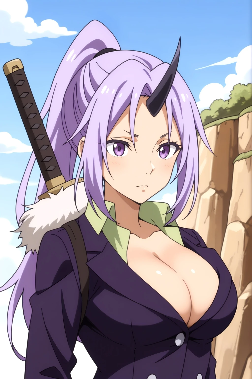 <lora:Shion:0.8> shion, purple hair, long hair, single horn, purple eyes, large breasts, cleavage, purple uniform, green collar, serious expression, sword on back, fur trimmed sword, military uniform, silver buttons, outdoors, blue sky, white clouds, rocky cliff, cliff background, green foliage, daylight, natural lighting, upper body shot, detailed face, determined look, tanned skin, bright day, clear weather, mountain background, professional attire, combat ready, alert pose, scenic background, summer day