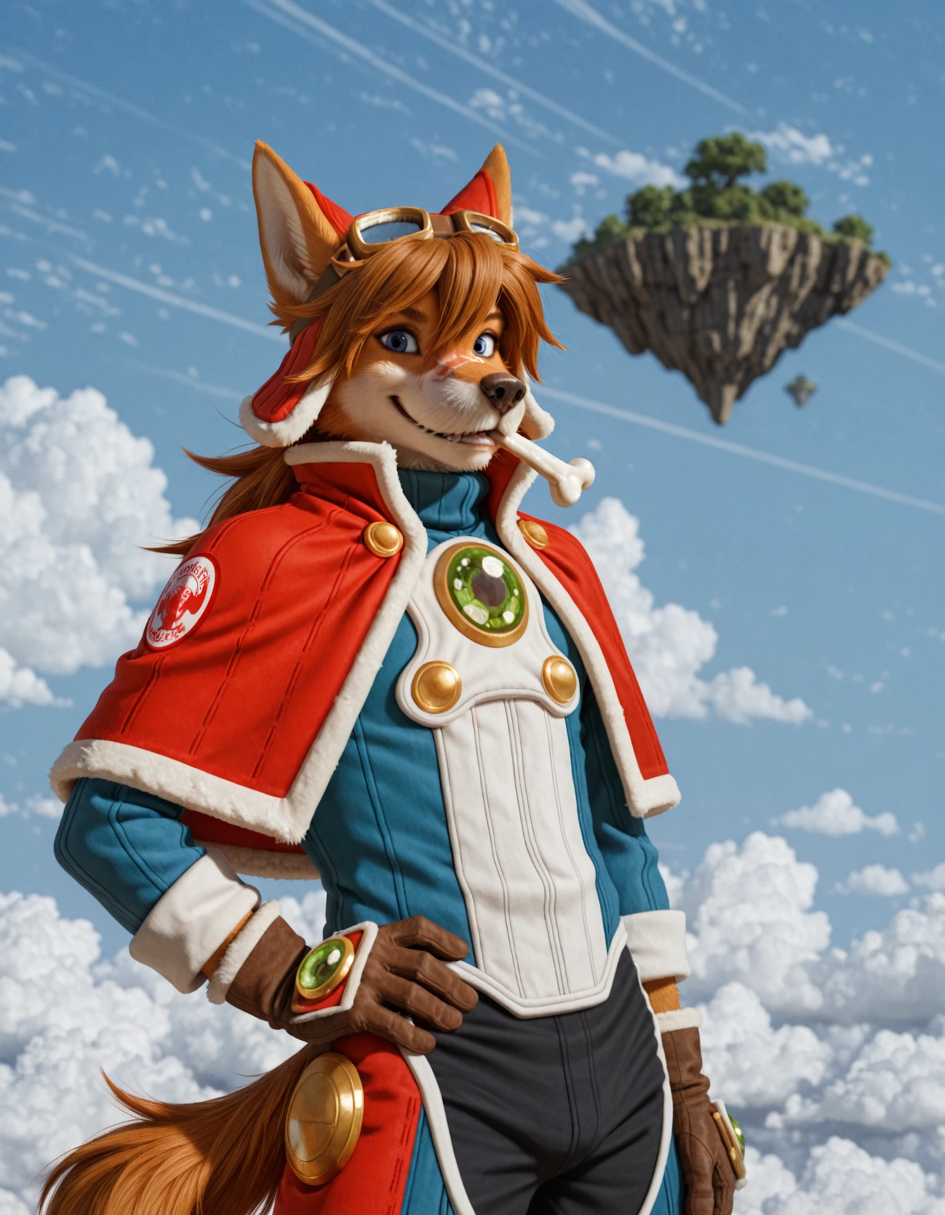 masterpiece, best quality, amazing quality, very aesthetic, high resolution, ultra-detailed, absurdres, scenery, photo, realistic, furry, anthro, RedSav, cowboy shot, looking at viewer, three quarter view, 1boy, furry male, solo, standing, bone in mouth, smile, detailed fur, body fur, staring, two-tone fur, brown hair, dog ears, animal nose, blue eyes, dog tail, scar on face, redattire, red headwear, goggles on headwear, capelet, shoulder patch, green gemstone, gloves, very long sleeves, hand on hip, looking at viewer, blue sky, cloud, floating island, above clouds, tree, BREAK, depth of field, detailed fluffy fur, photorealistic details