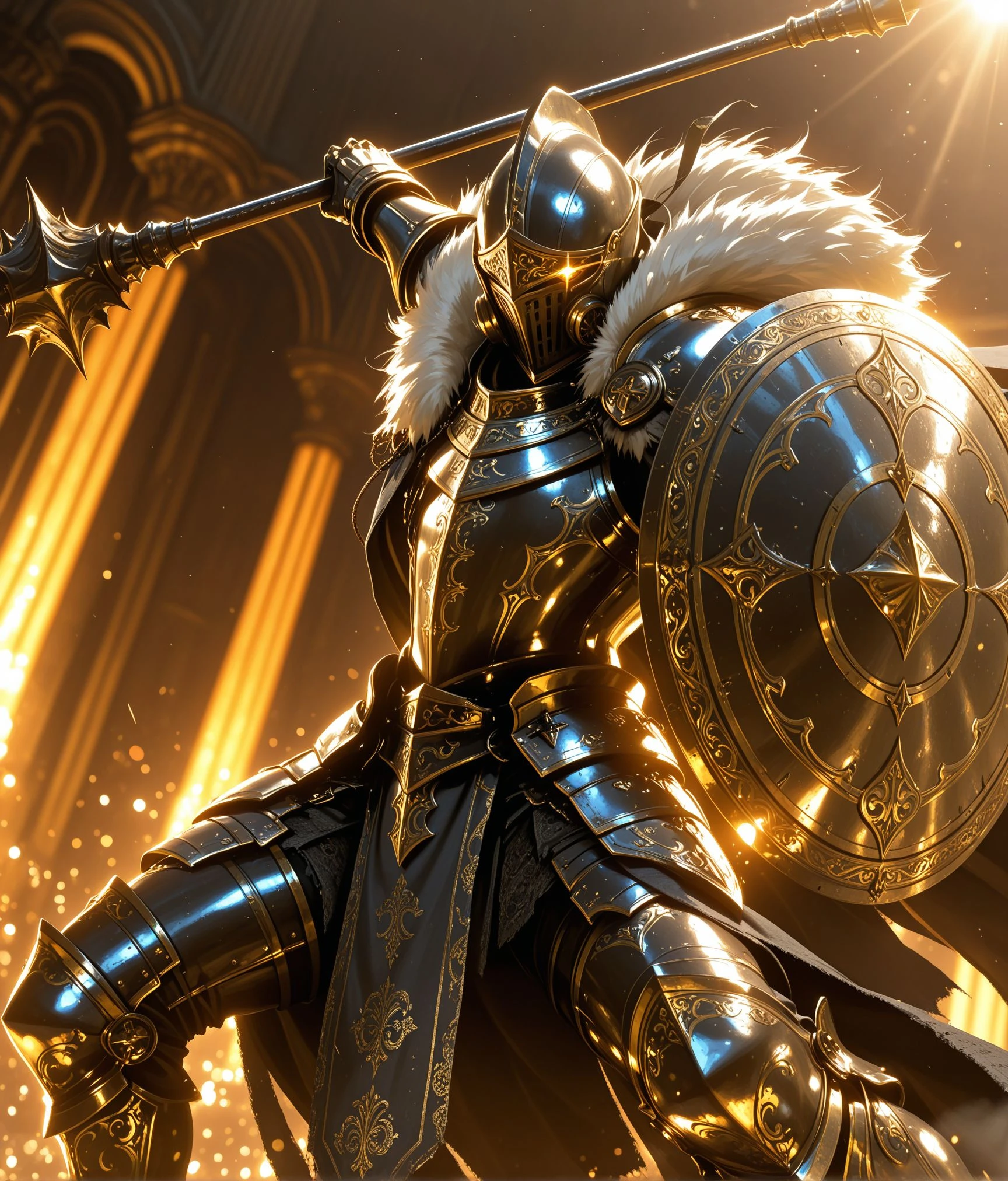 masterpiece, best quality, amazing quality, very aesthetic, high resolution, ultra-detailed, absurdres, newest, volumetric lighting,
engraved, engraved armor, engraving, arm up, dynamic angle,
gas mask, mace, holding mace, exhaust pipe, metalic, floral print, helmet drape, standing, spiral horn, gold trim,
1boy, solo, looking at viewer, glowing eye, glowing, holding, male focus, weapon, holding weapon, cape, armor, gauntlets, light particles, shield, breastplate, fighting stance, armored boots, greaves, knight, full armor, whiskers, holding shield, fur trim,
blurry background, (bokeh, depth of field,:0.7) volumetric lighting, <lora:engraved v2:1.2>