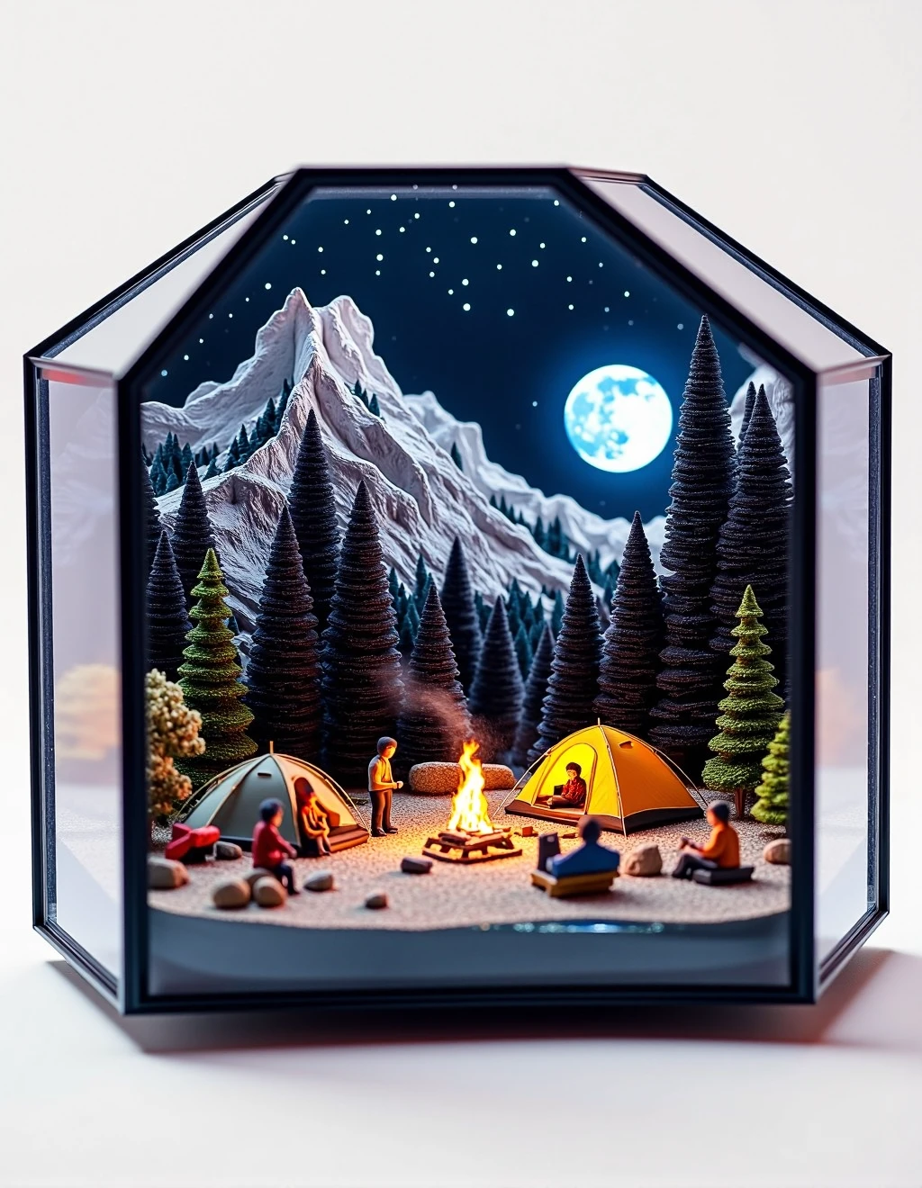 <lora:DioramaStyle:1>Diorama Style, A glass-encased hexagonal diorama features a serene mountain campsite. Tents are pitched beside a crackling campfire, and hikers rest while gazing at the star-filled sky. Pine trees surround the clearing, and a nearby lake reflects the moonlight. This outdoor-themed diorama evokes a sense of adventure and tranquility, ideal for nature enthusiasts.